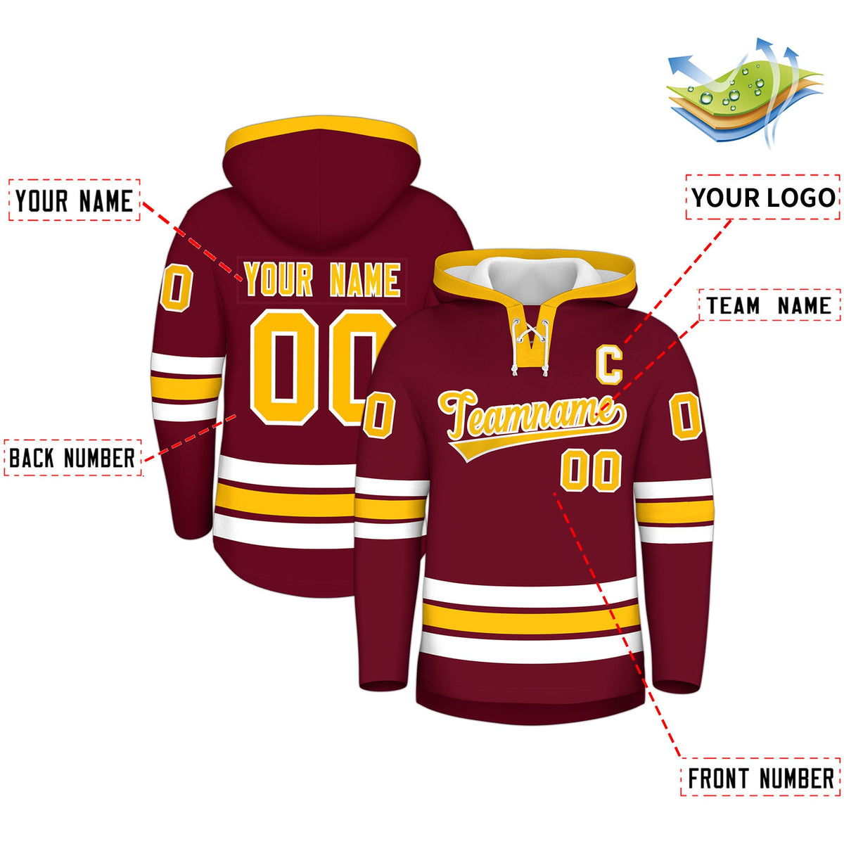 Custom Hockey Hoodie Jersey Crimson Gold Classic Style Add Name,Number&amp;Logo
