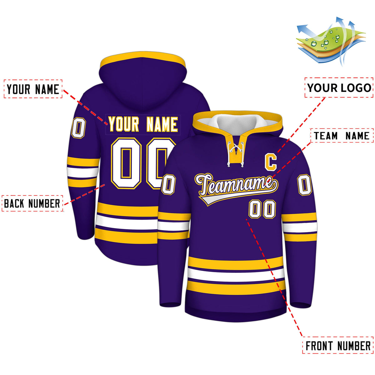 Custom Hockey Hoodie Jersey Purple Gold Classic Style for Men&amp;Youth