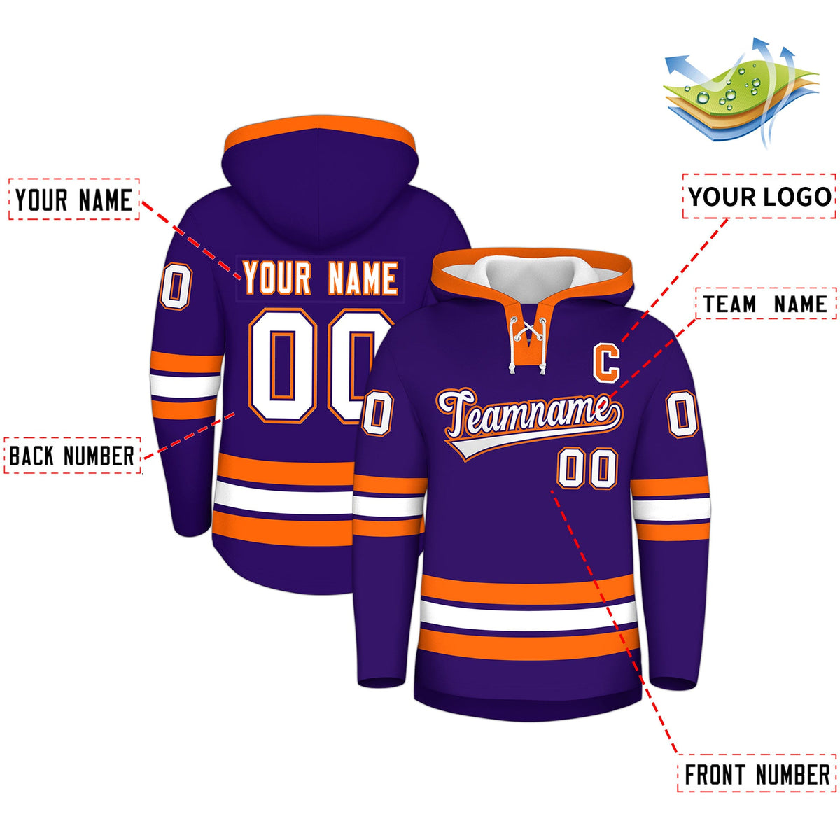 Custom Hockey Hoodie Jersey Purple Orange Classic Style Add Name,Number&amp;Logo
