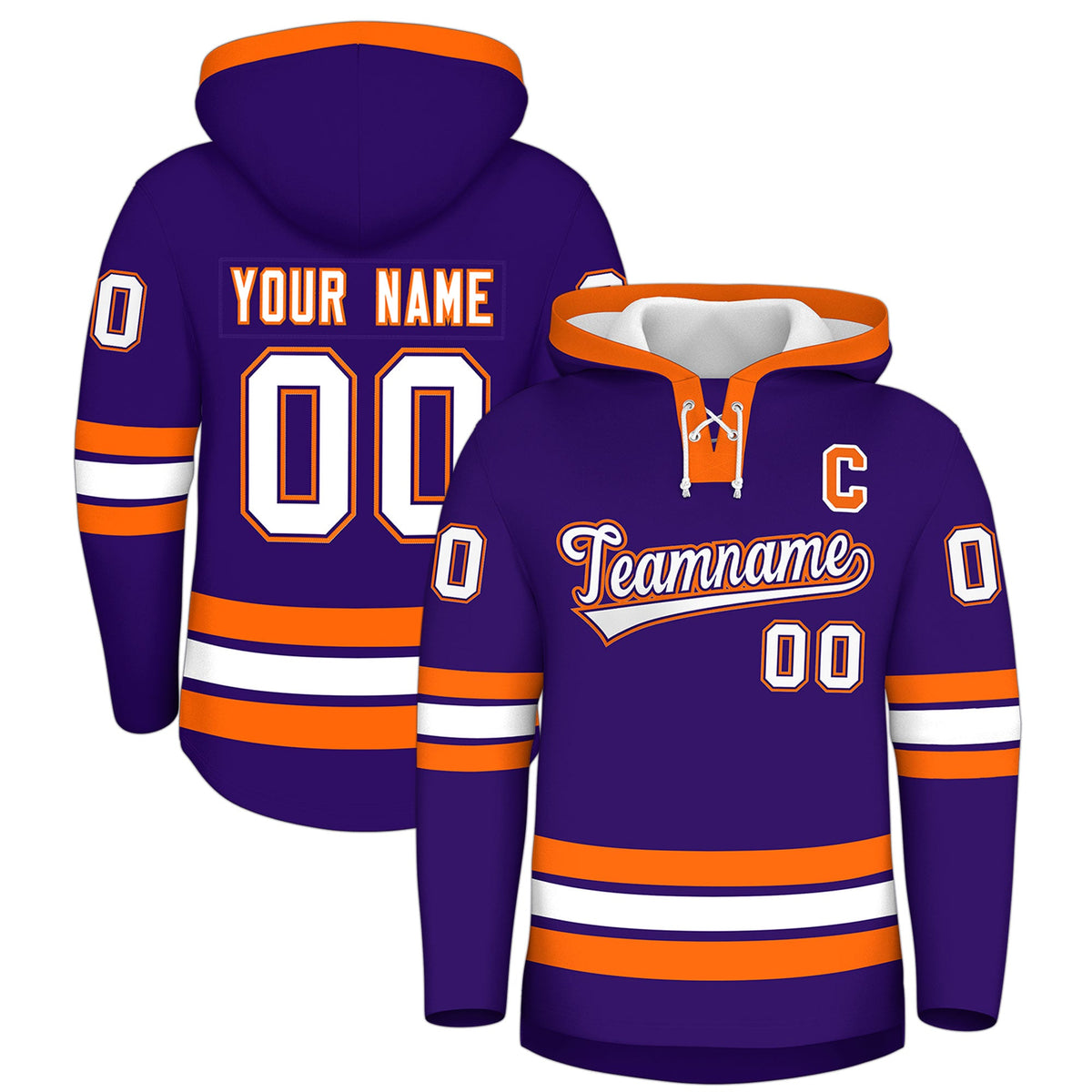Custom Hockey Hoodie Jersey Purple Orange Classic Style Add Name,Number&amp;Logo