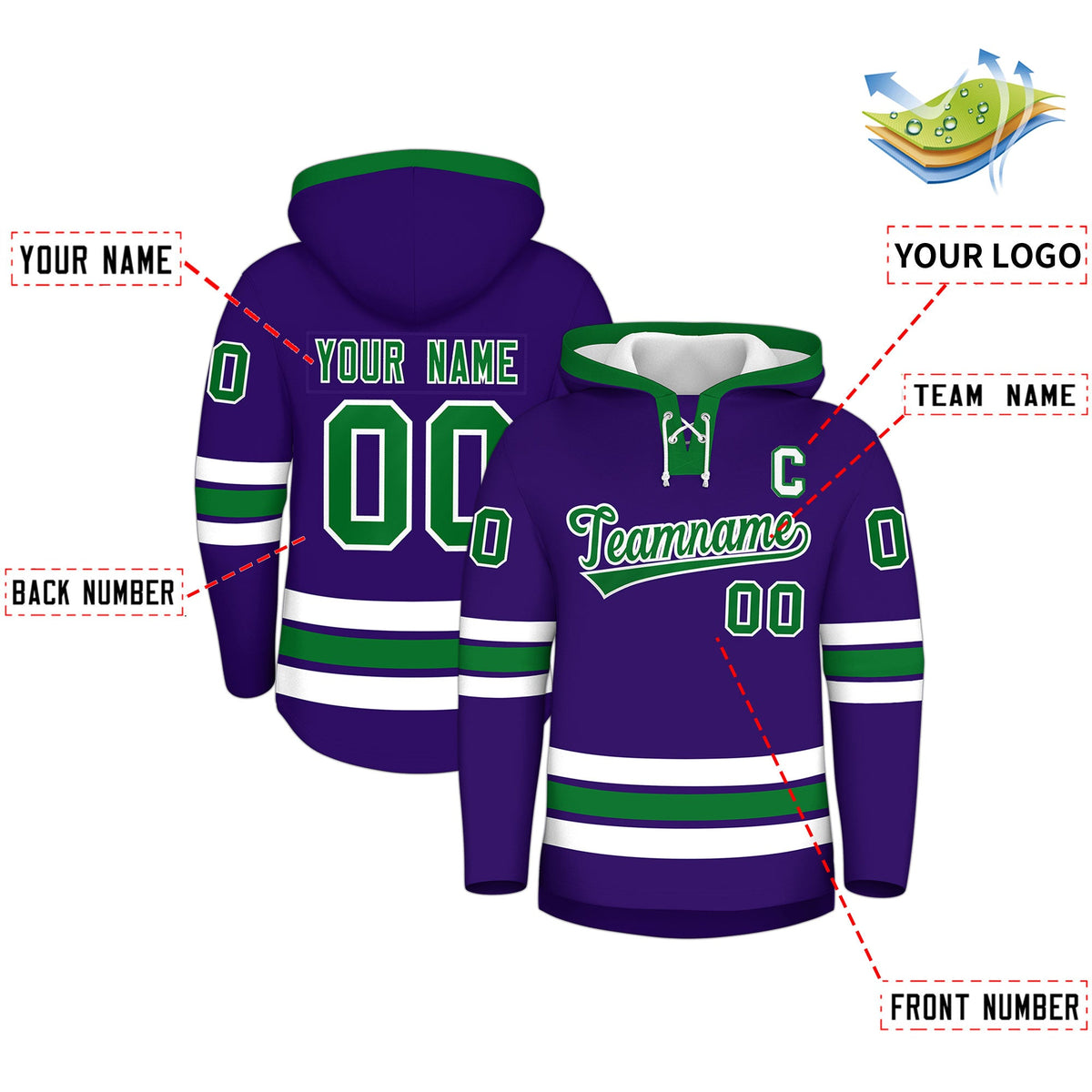 Custom Hockey Hoodie Jersey Purple Kelly Green Classic Style for Men&amp;Youth