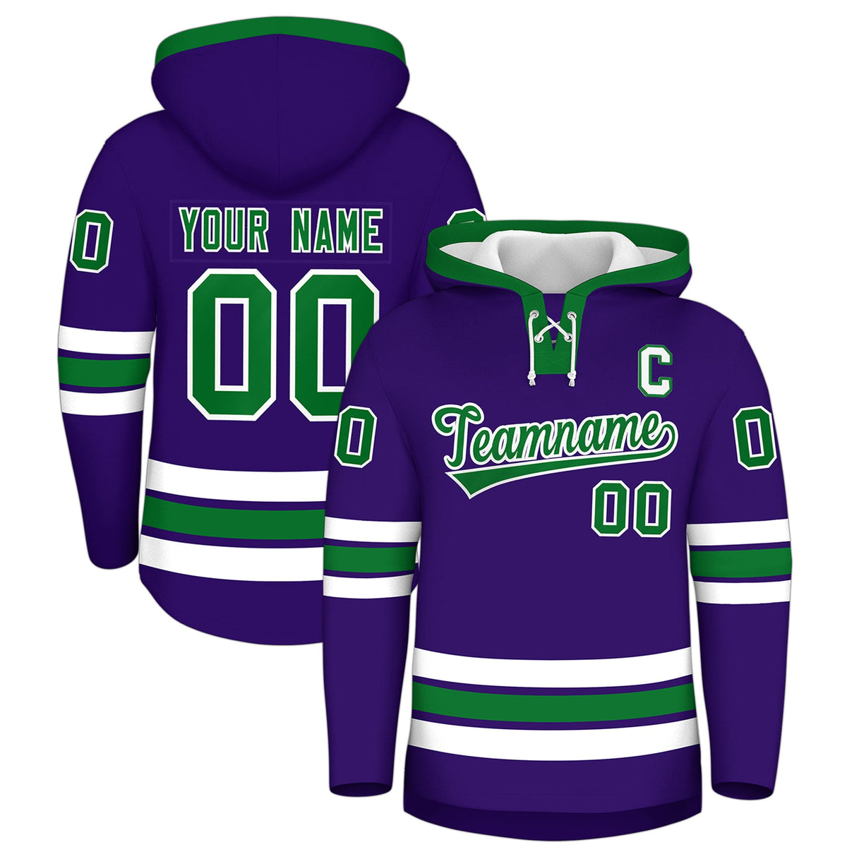Custom Hockey Hoodie Jersey Purple Kelly Green Classic Style for Men&amp;Youth