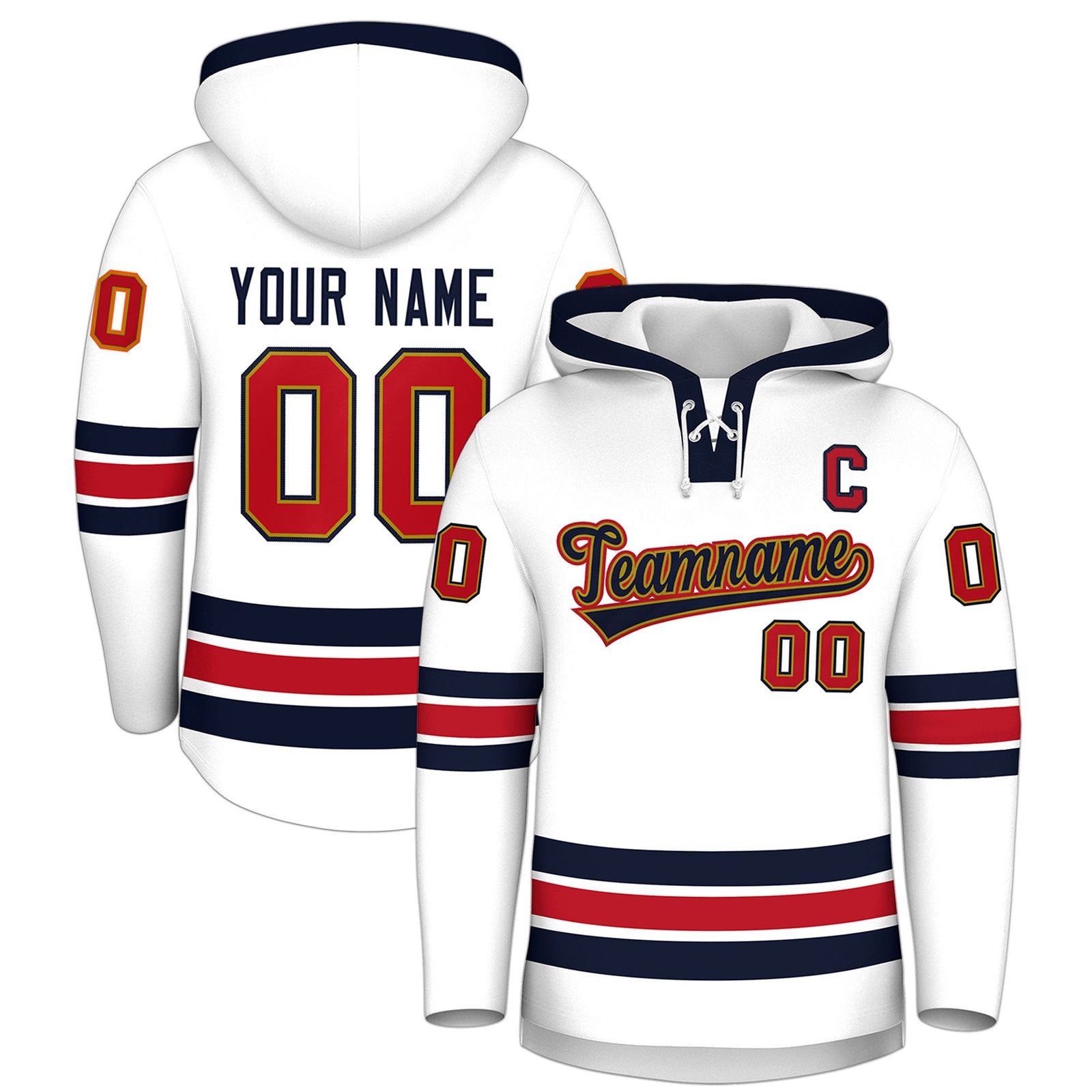 Custom Hockey Hoodie Jersey White Navy Classic Style Add Name,Number & Logo