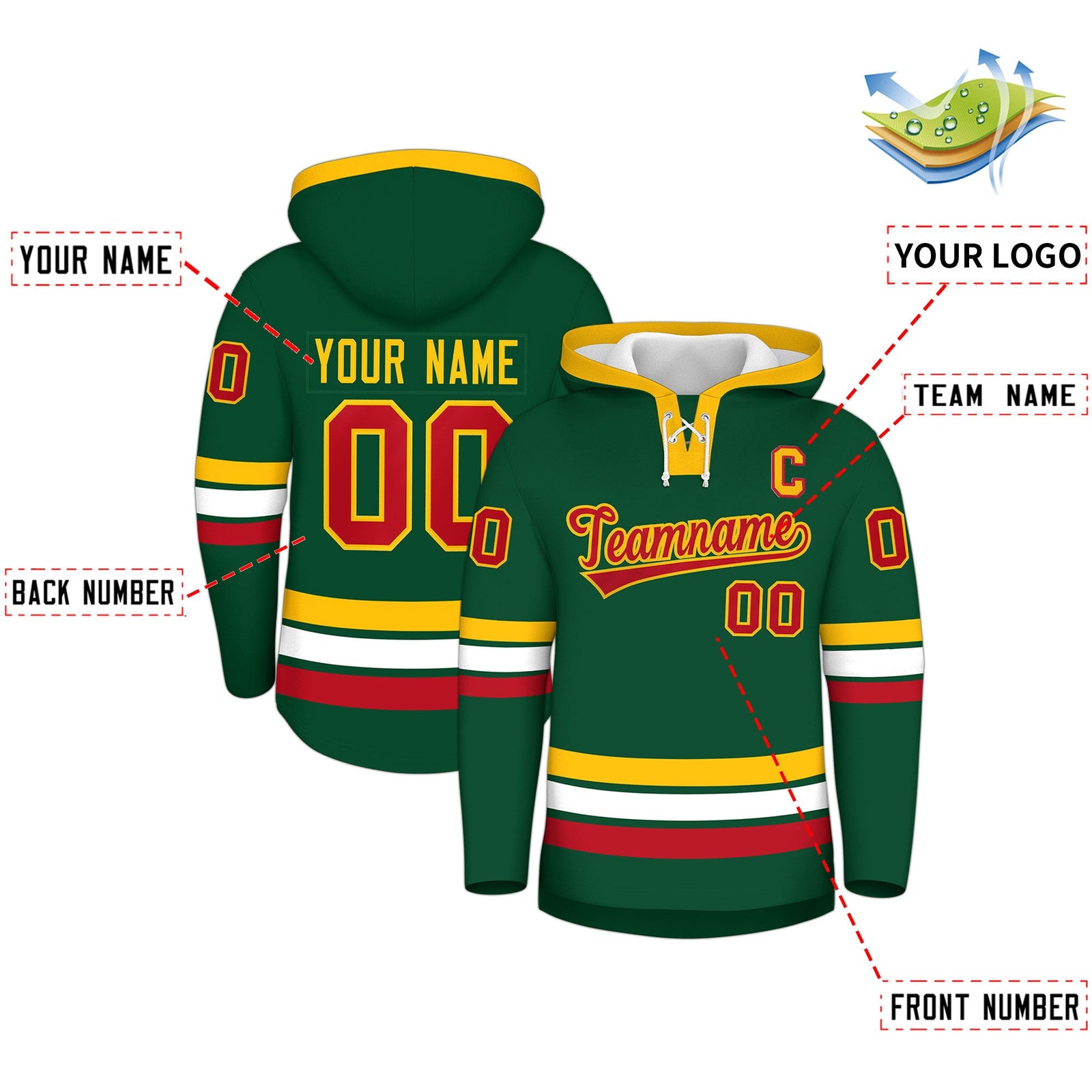 Custom Hockey Hoodie Jersey Dark Green Gold Classic Style Add Name,Number & Logo