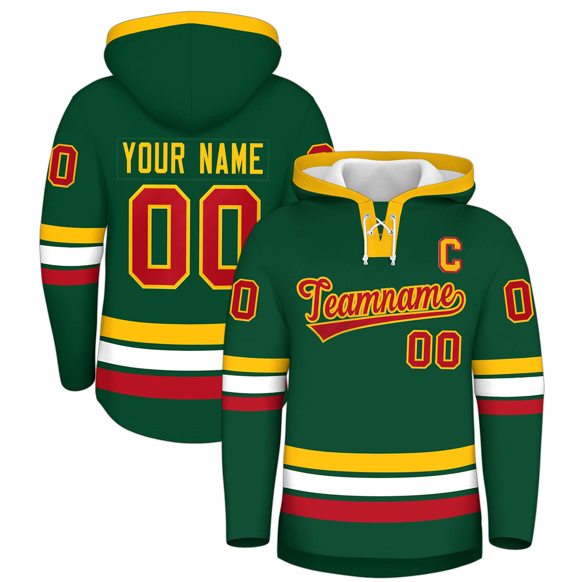 Custom Hockey Hoodie Jersey Dark Green Gold Classic Style Add Name,Number &amp; Logo