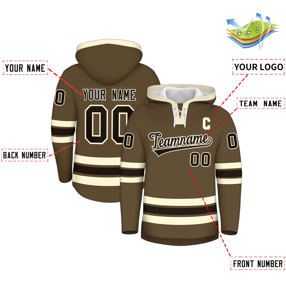 Custom Hockey Hoodie Jersey Light Brown Cream Classic Style Add Name,Number &amp; Logo