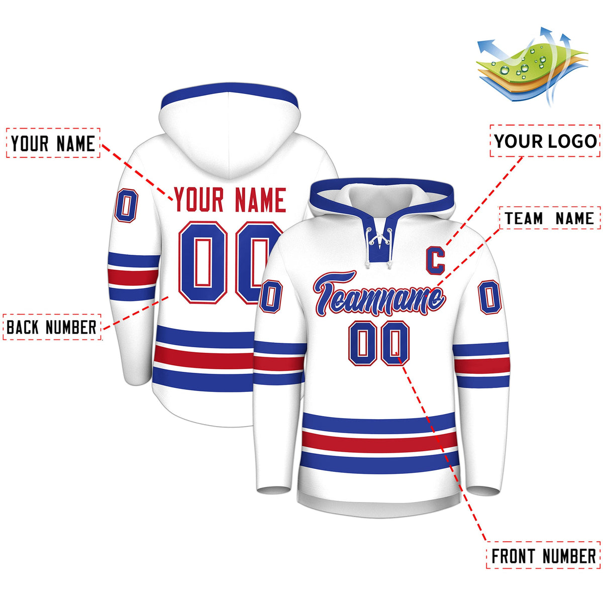 Custom Hockey Hoodie Jersey White Royal Blue Classic Style for Men&amp;Youth