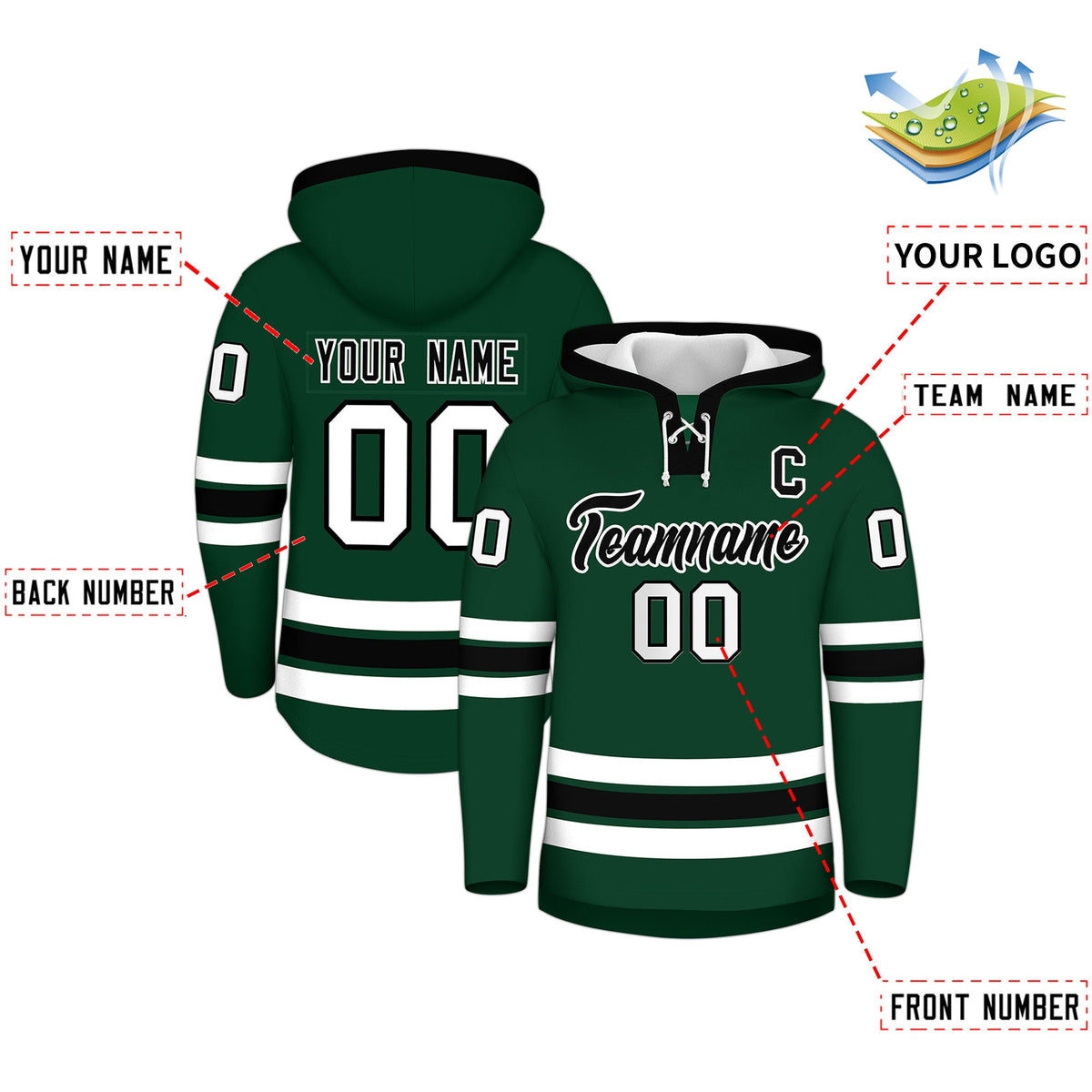 Custom Hockey Hoodie Jersey Dark Green Black Classic Style for Men&amp;Youth
