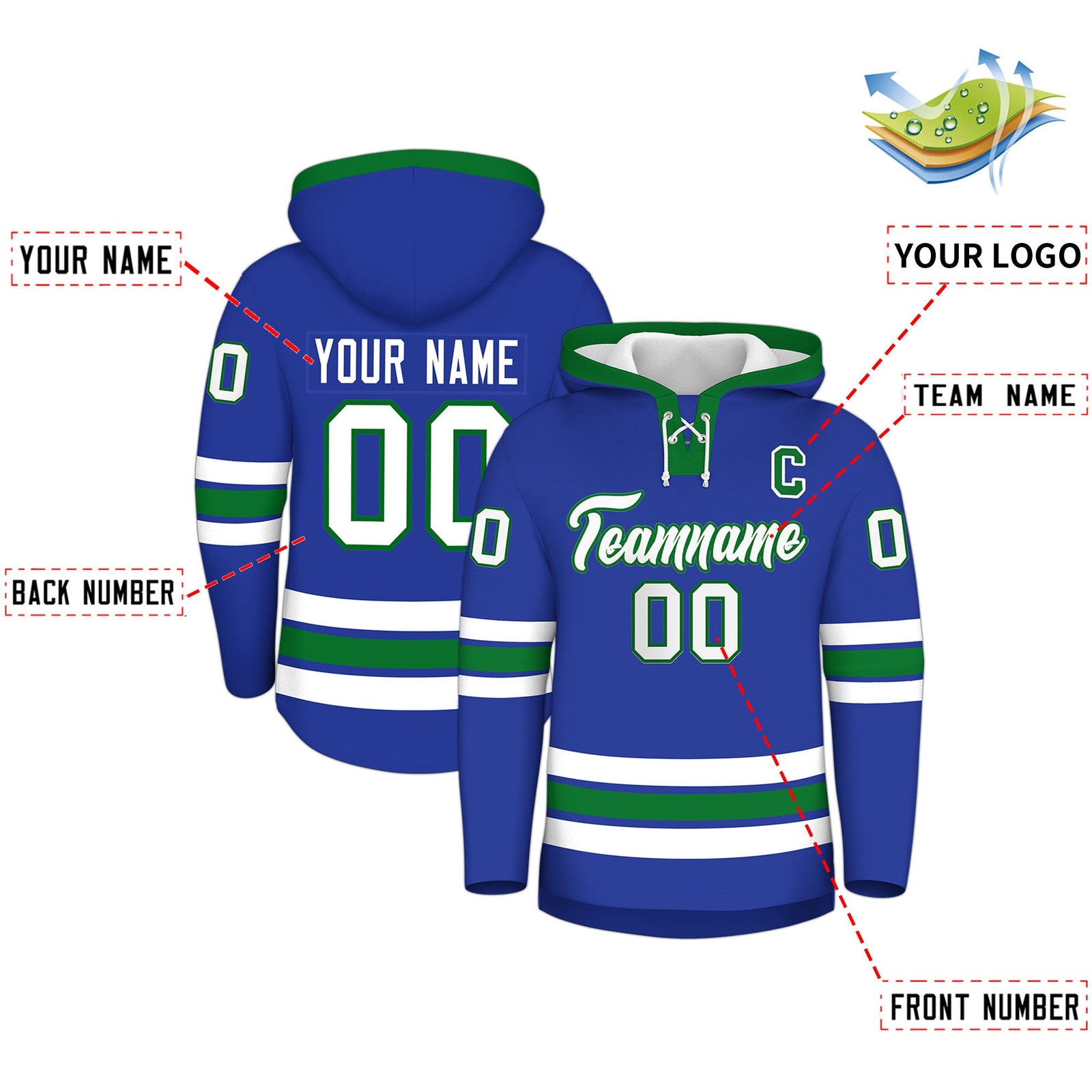 Custom Hockey Hoodie Jersey Royal Blue Kelly Green Classic Style for Men&Youth
