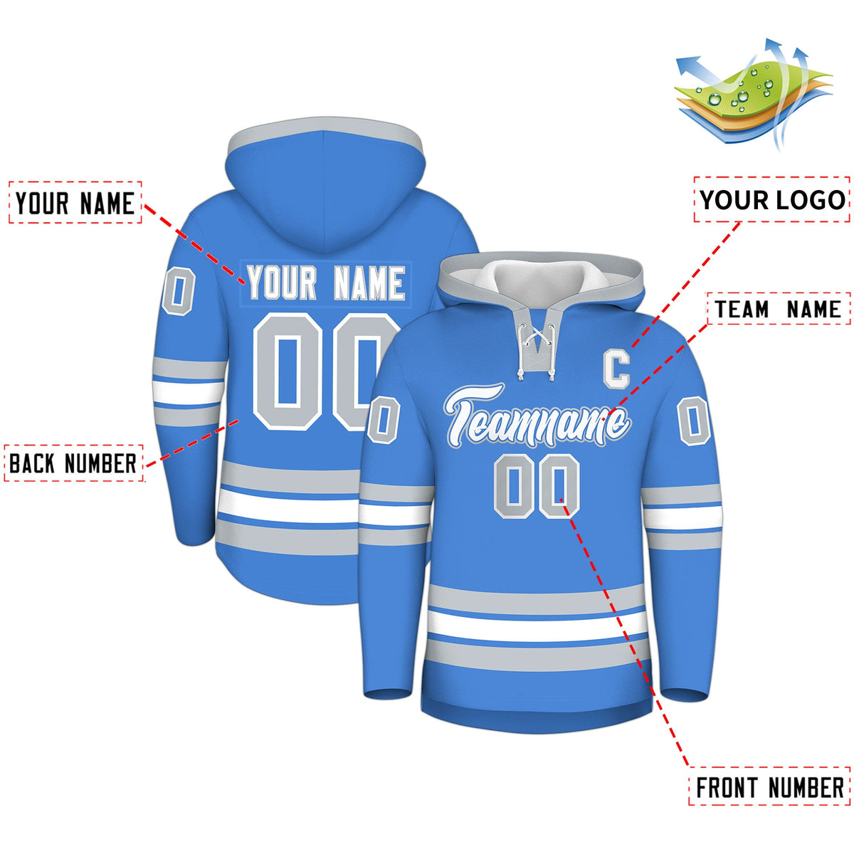 Custom Hockey Hoodie Jersey Powder Blue Silver Classic Style for Men&amp;Youth