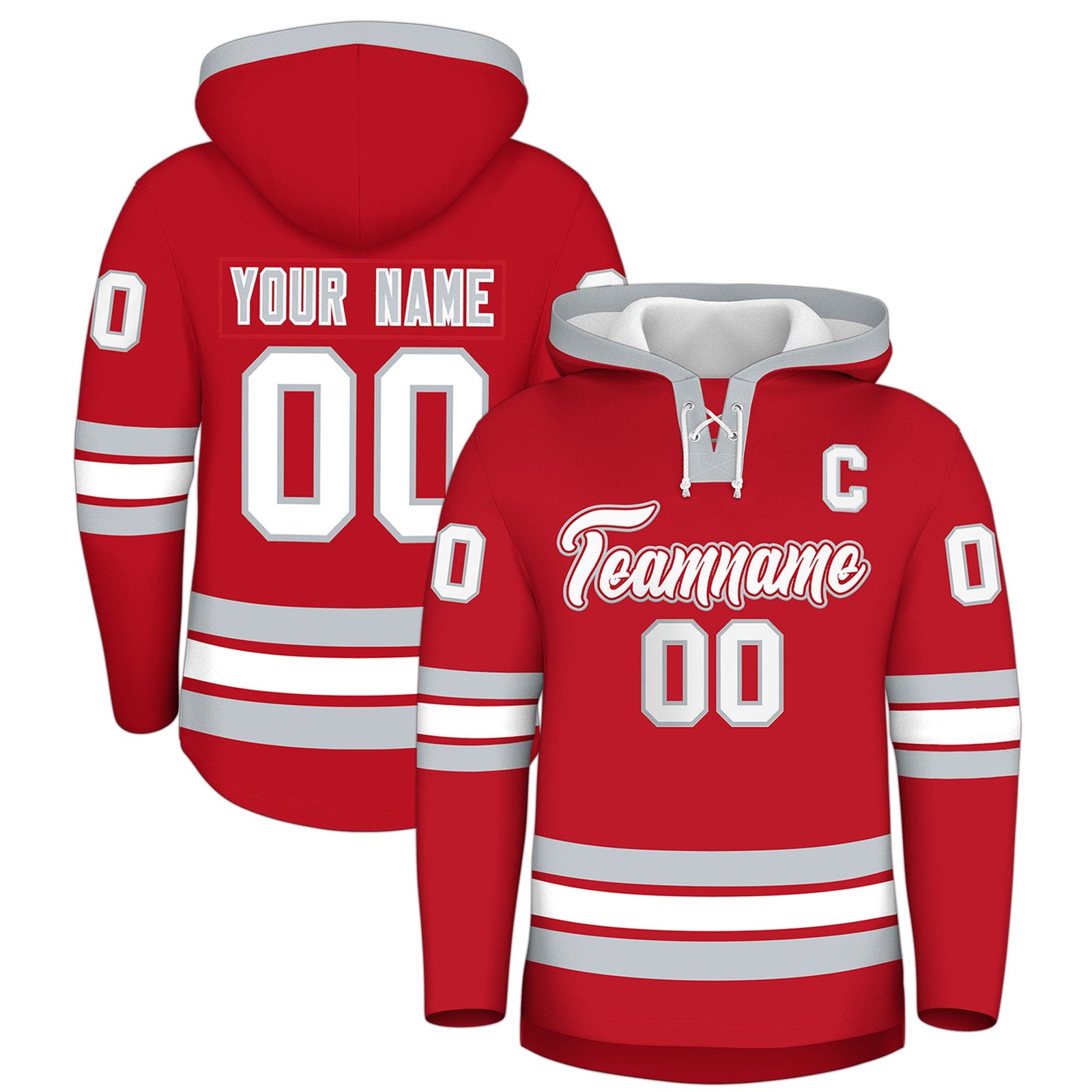 Custom Hockey Hoodie Jersey Red Silver Classic Style Add Name,Number&Logo