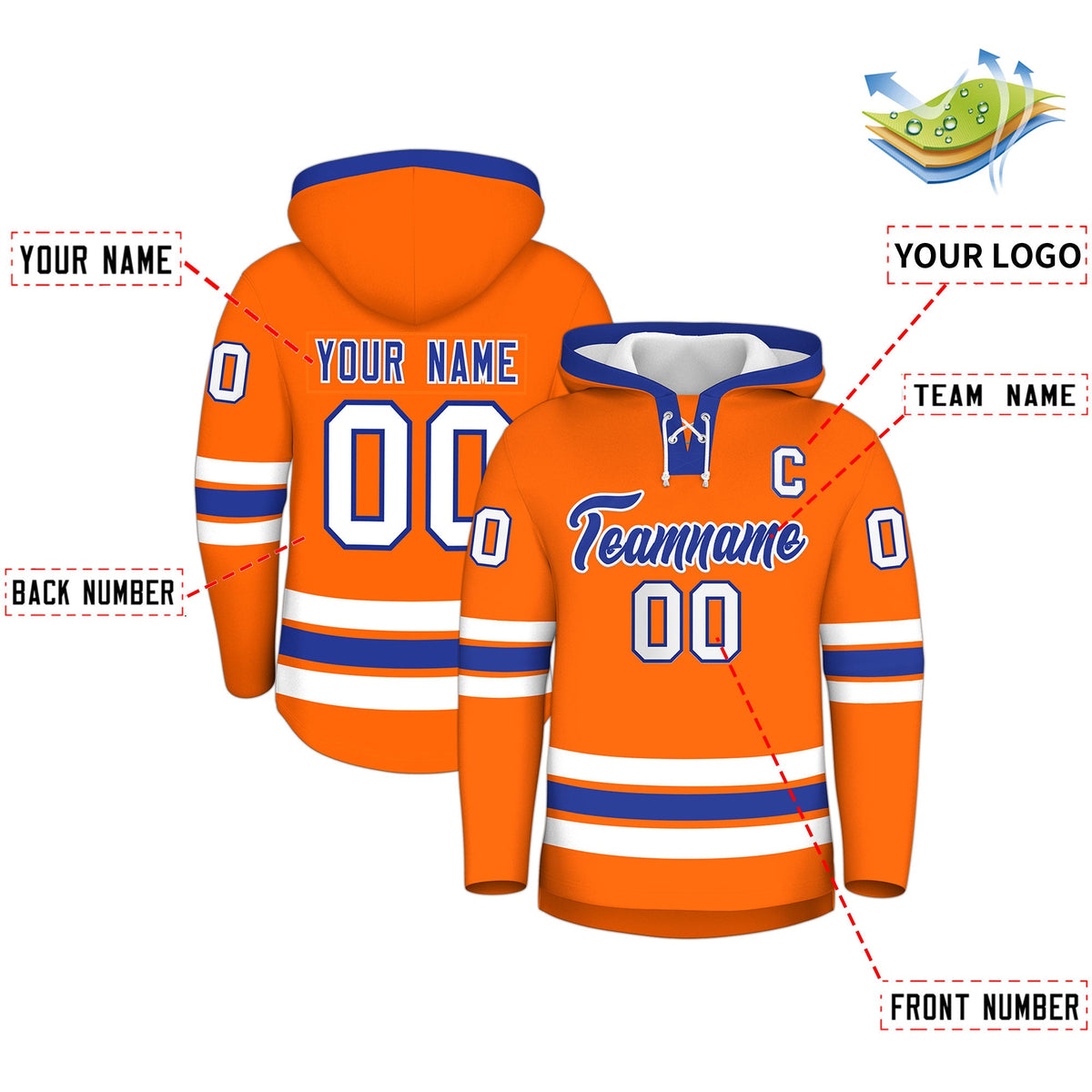 Custom Hockey Hoodie Jersey Orange Royal Blue Classic Style for Men&amp;Youth