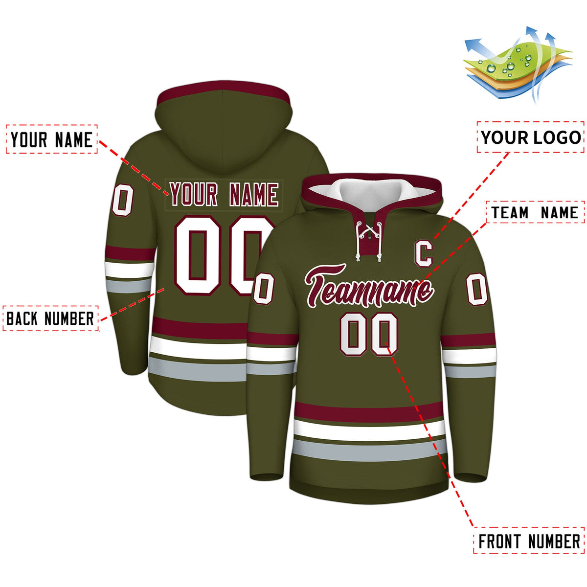 Custom Hockey Hoodie Jersey Olive Crimson Classic Style Add Name,Number&amp;Logo