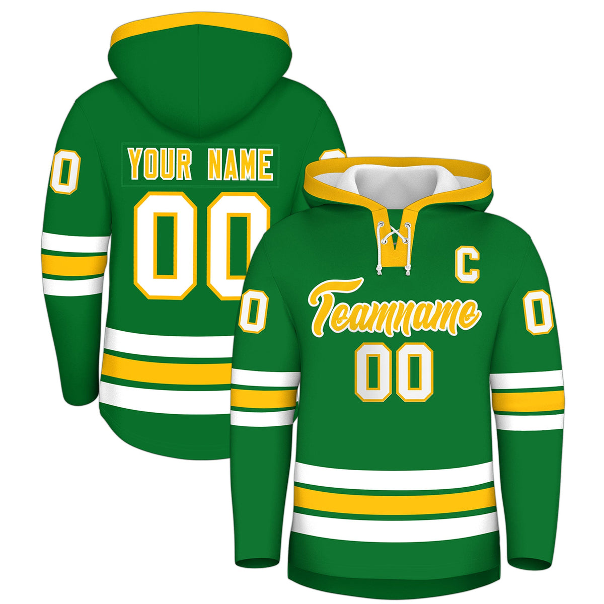 Custom Hockey Hoodie Jersey Kelly Green Gold Classic Style for Men&amp;Youth