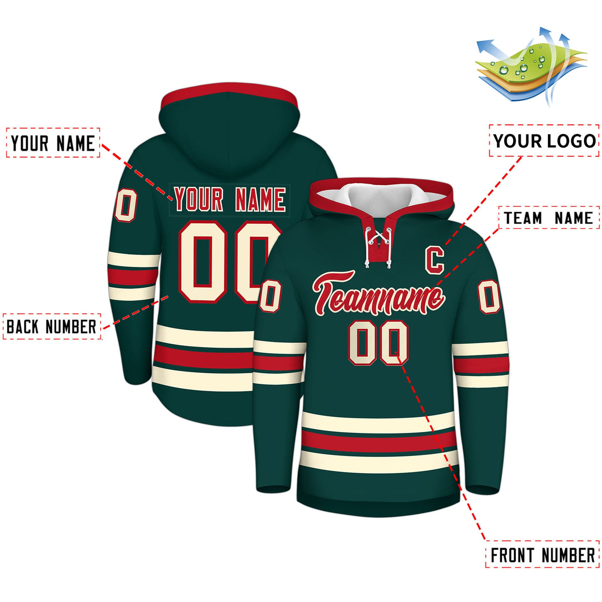 Custom Hockey Hoodie Jersey Midnight Green Red Classic Style Add Name,Number&amp;Logo