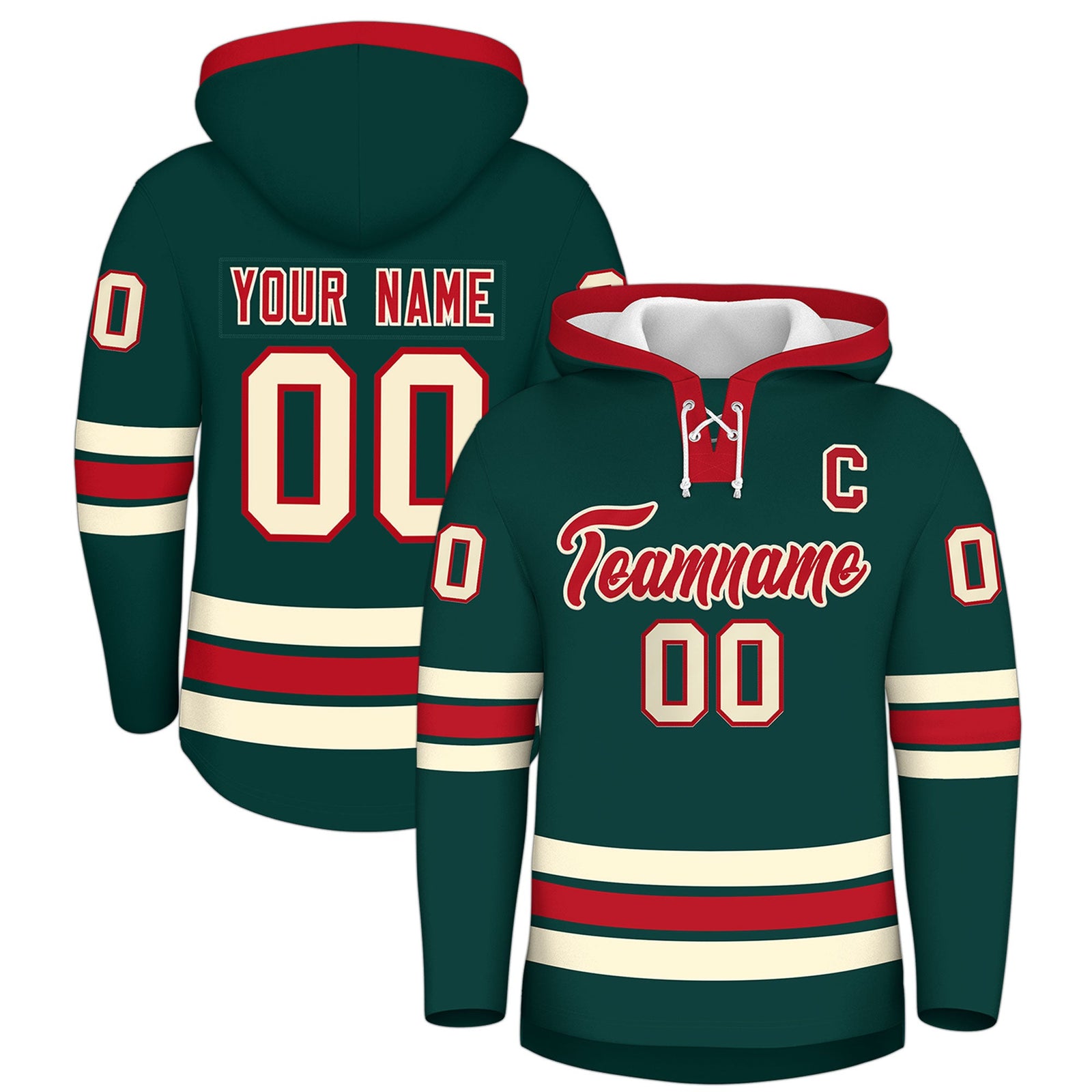 Custom Hockey Hoodie Jersey Midnight Green Red Classic Style Add Name,Number&Logo