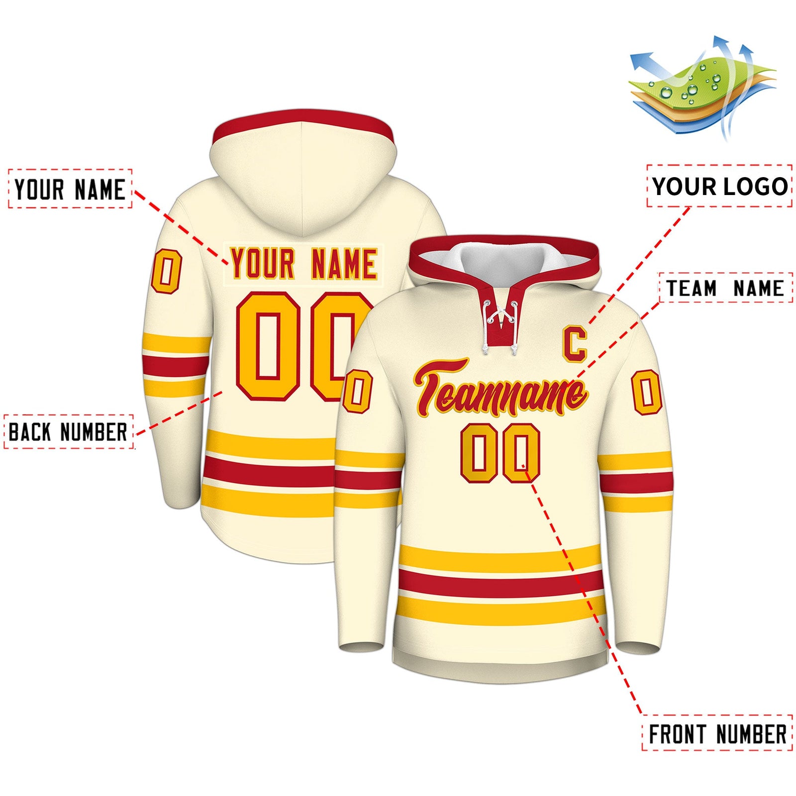 Custom Hockey Hoodie Jersey Cream Red Classic Style Add Name,Number&Logo