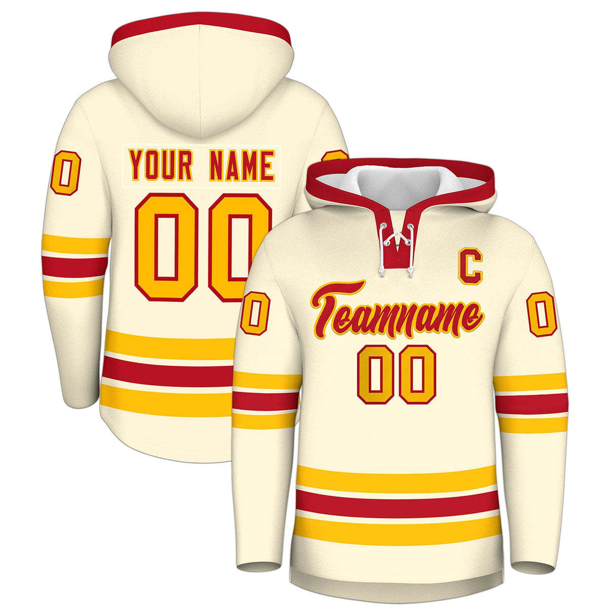 Custom Hockey Hoodie Jersey Cream Red Classic Style Add Name,Number&amp;Logo