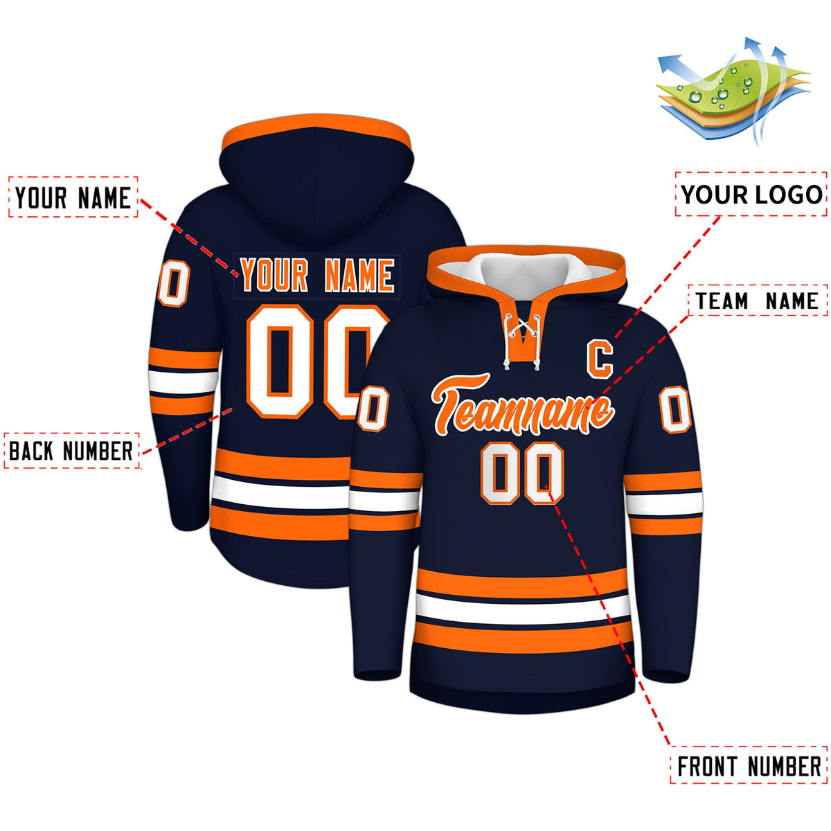 Custom Hockey Hoodie Jersey Navy Orange Classic Style for Men&amp;Youth