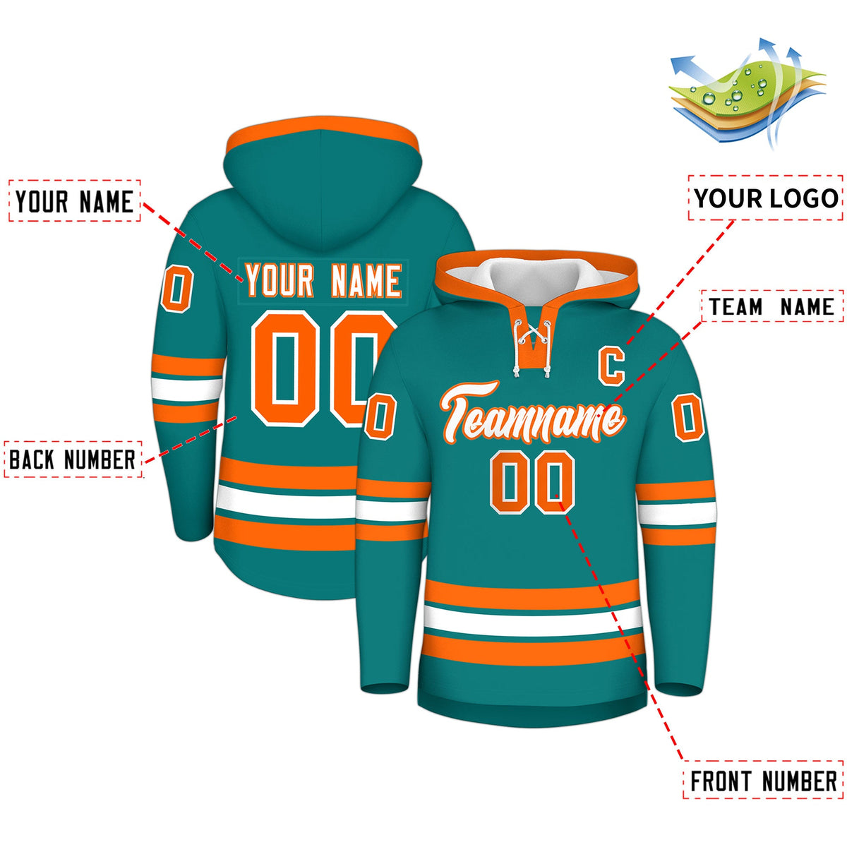 Custom Hockey Hoodie Jersey Teal Orange Classic Style Add Name,Number&amp;Logo