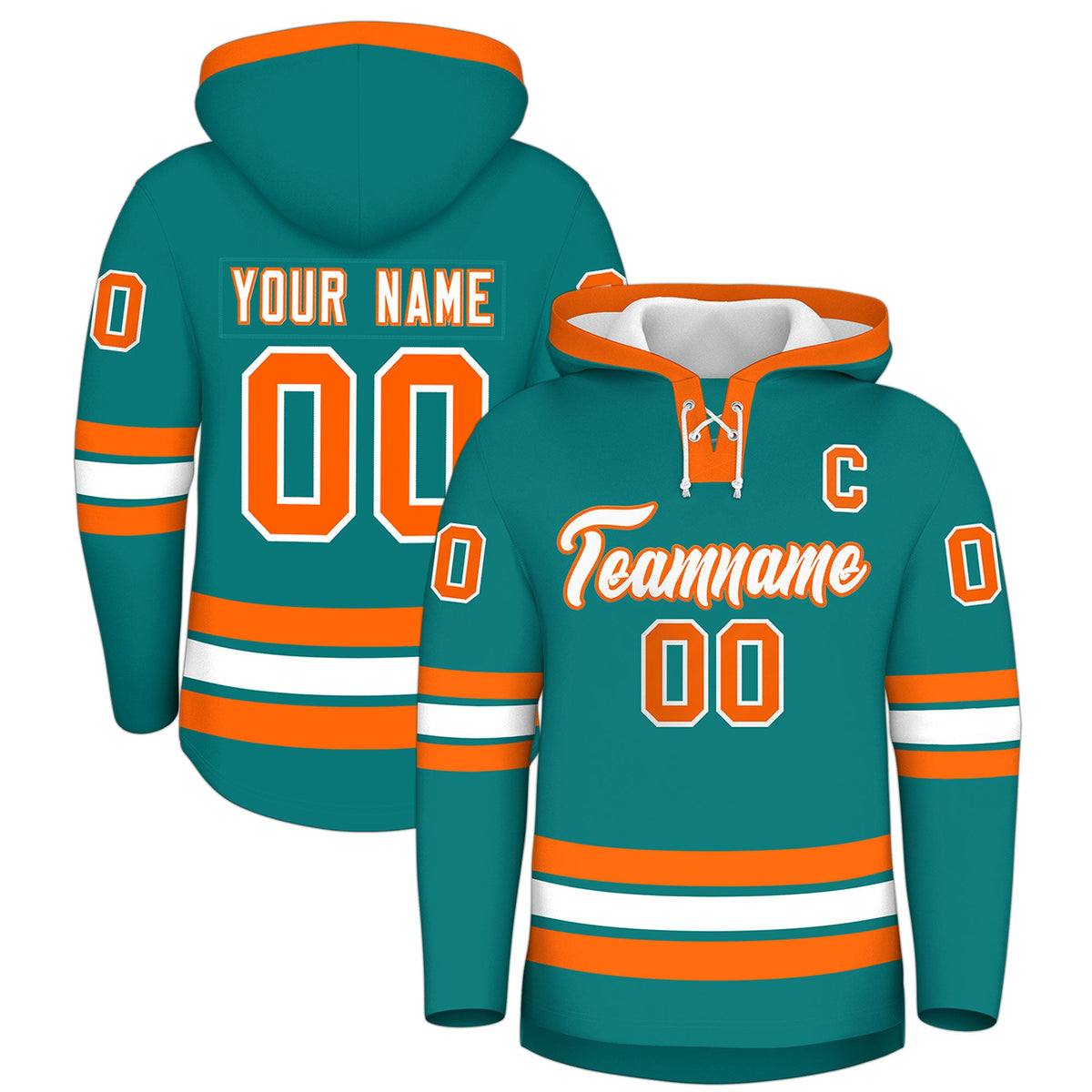 Custom Hockey Hoodie Jersey Teal Orange Classic Style Add Name,Number&amp;Logo