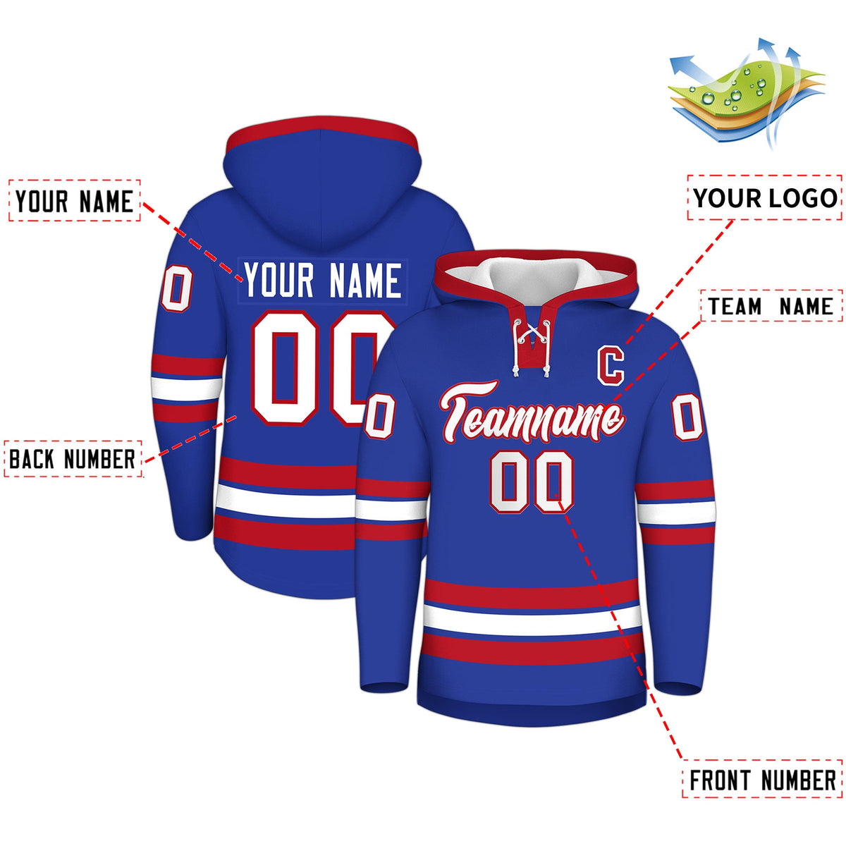 Custom Hockey Hoodie Jersey Royal Blue Red Classic Style Add Name,Number&amp;Logo