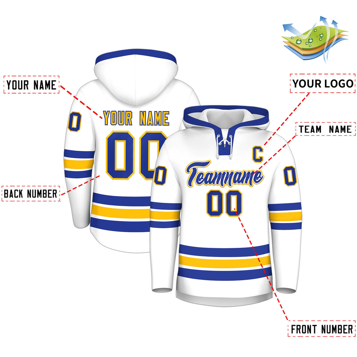 Custom Hockey Hoodie Jersey White Royal Blue Classic Style Add Name,Number &amp; Logo