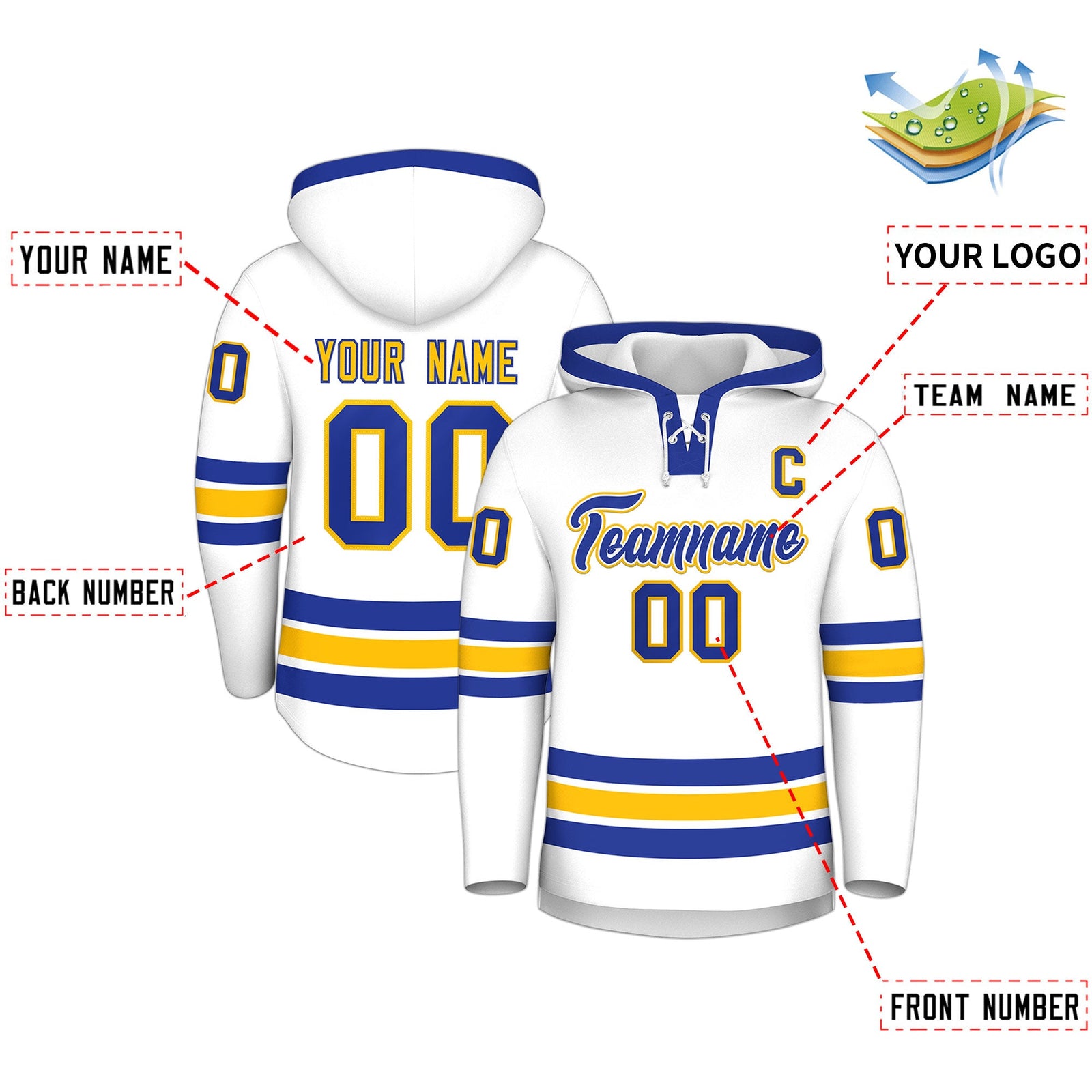 Custom Hockey Hoodie Jersey White Royal Blue Classic Style Add Name,Number & Logo