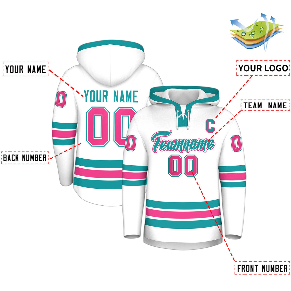 Custom Hockey Hoodie Jersey White Aqua Classic Style for Men&amp;Youth