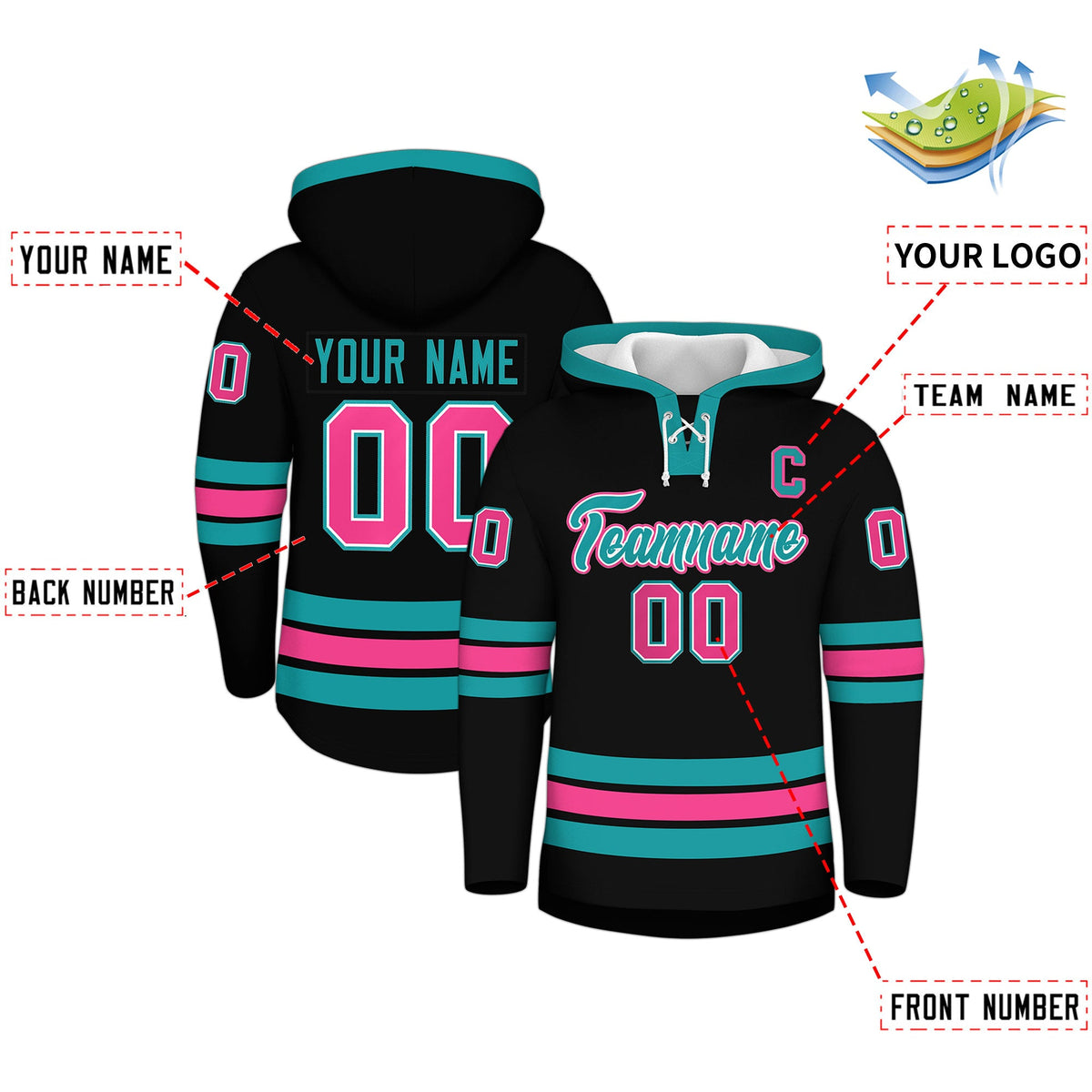 Custom Hockey Hoodie Jersey Black Aqua Classic Style Add Name,Number &amp; Logo