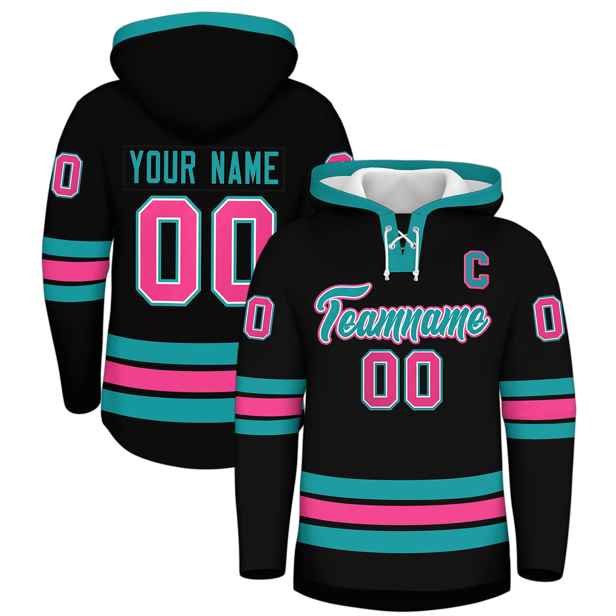 Custom Hockey Hoodie Jersey Black Aqua Classic Style Add Name,Number &amp; Logo