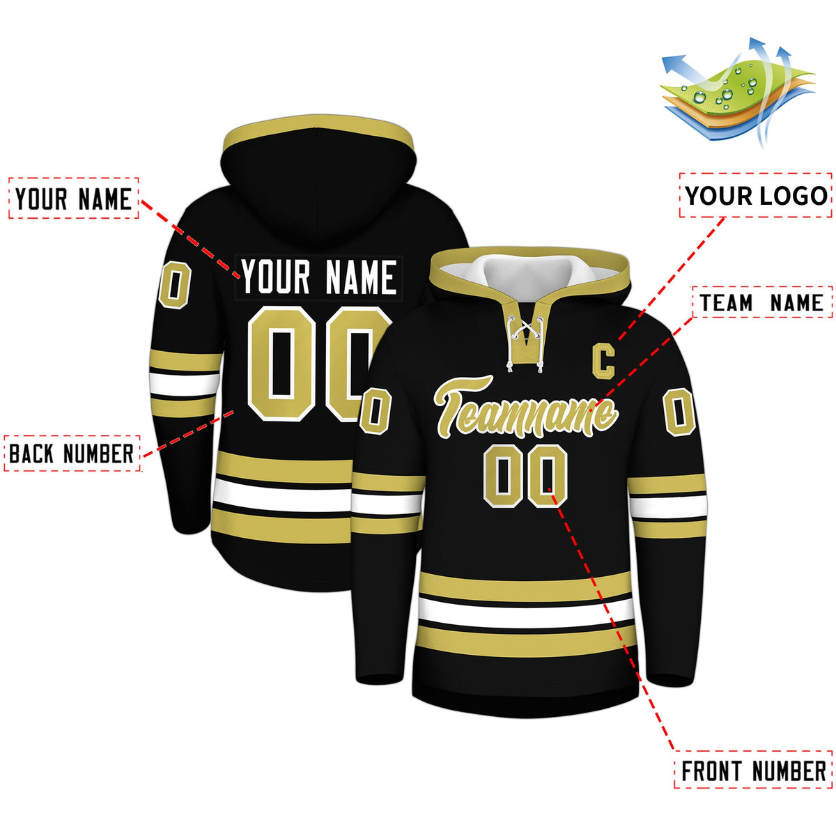 Custom Hockey Hoodie Jersey Black Old Gold Classic Style for Men&amp;Youth