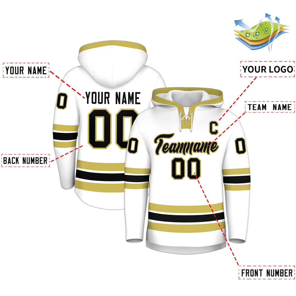 Custom Hockey Hoodie Jersey White Old Gold Classic Style Add Name,Number &amp; Logo