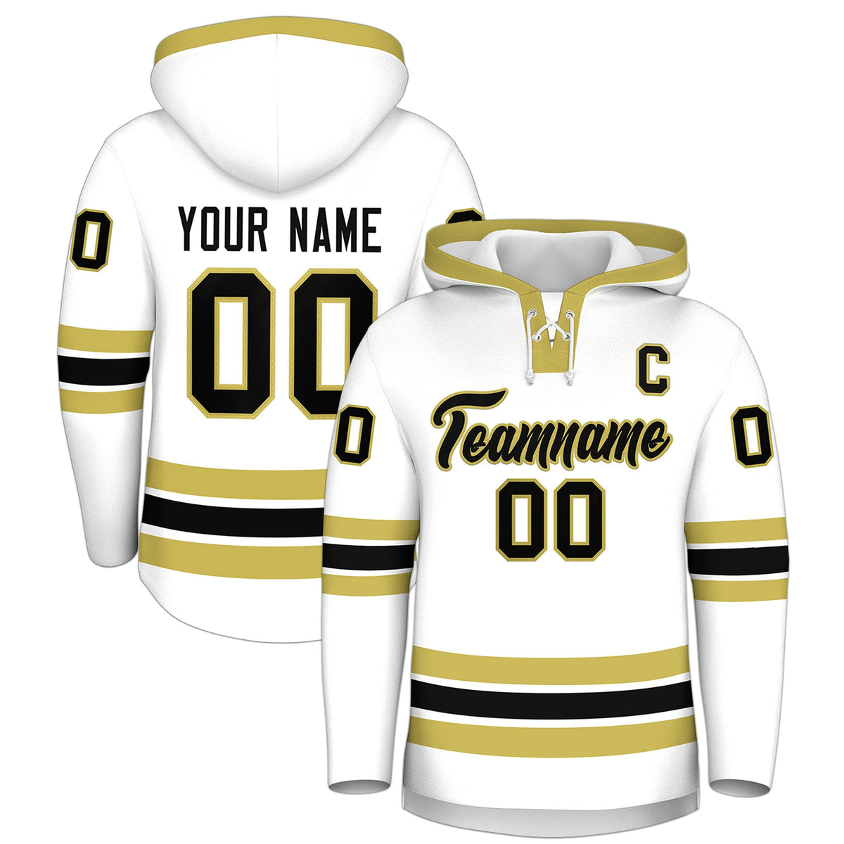 Custom Hockey Hoodie Jersey White Old Gold Classic Style Add Name,Number &amp; Logo
