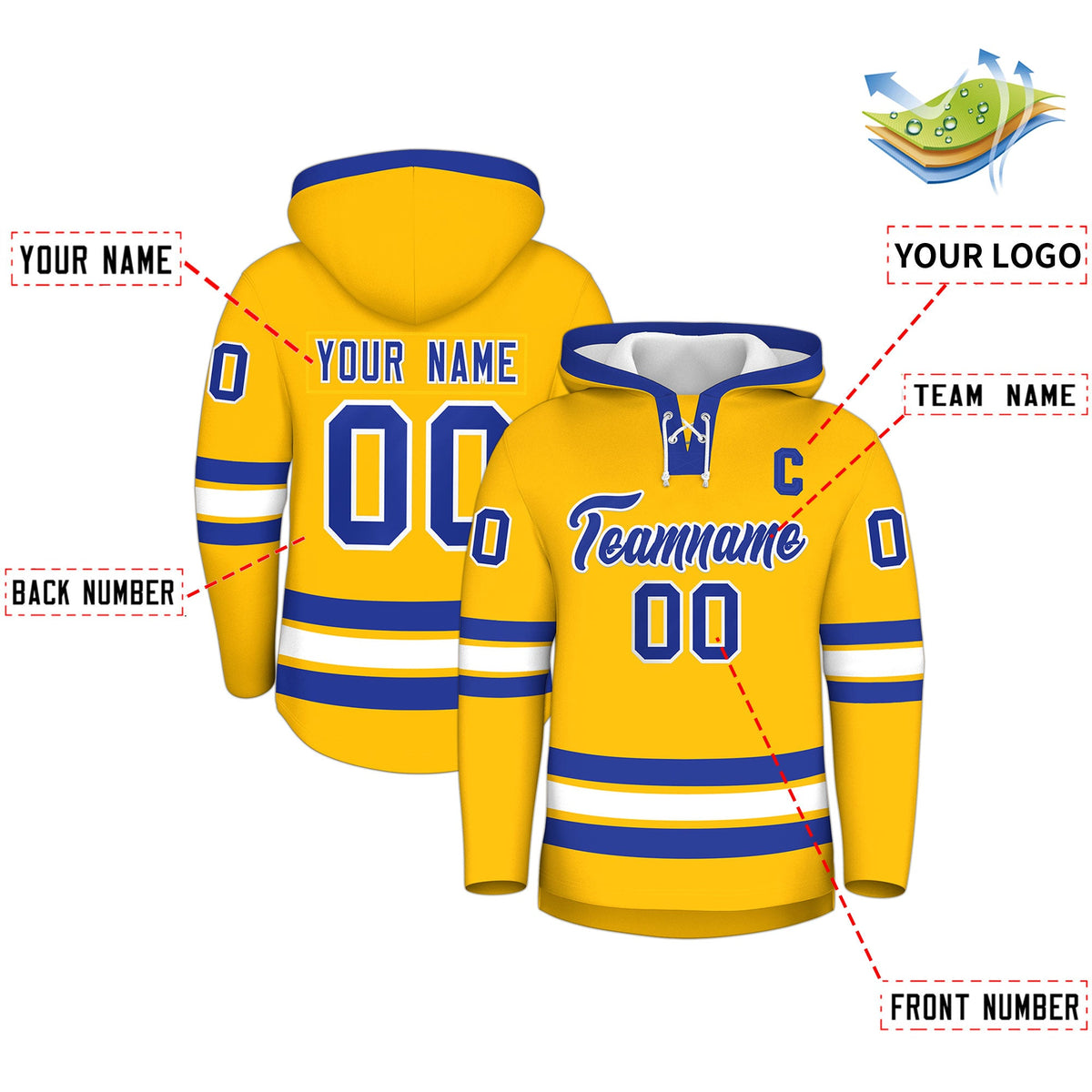 Custom Hockey Hoodie Jersey Gold Royal Blue Classic Style for Men&amp;Youth