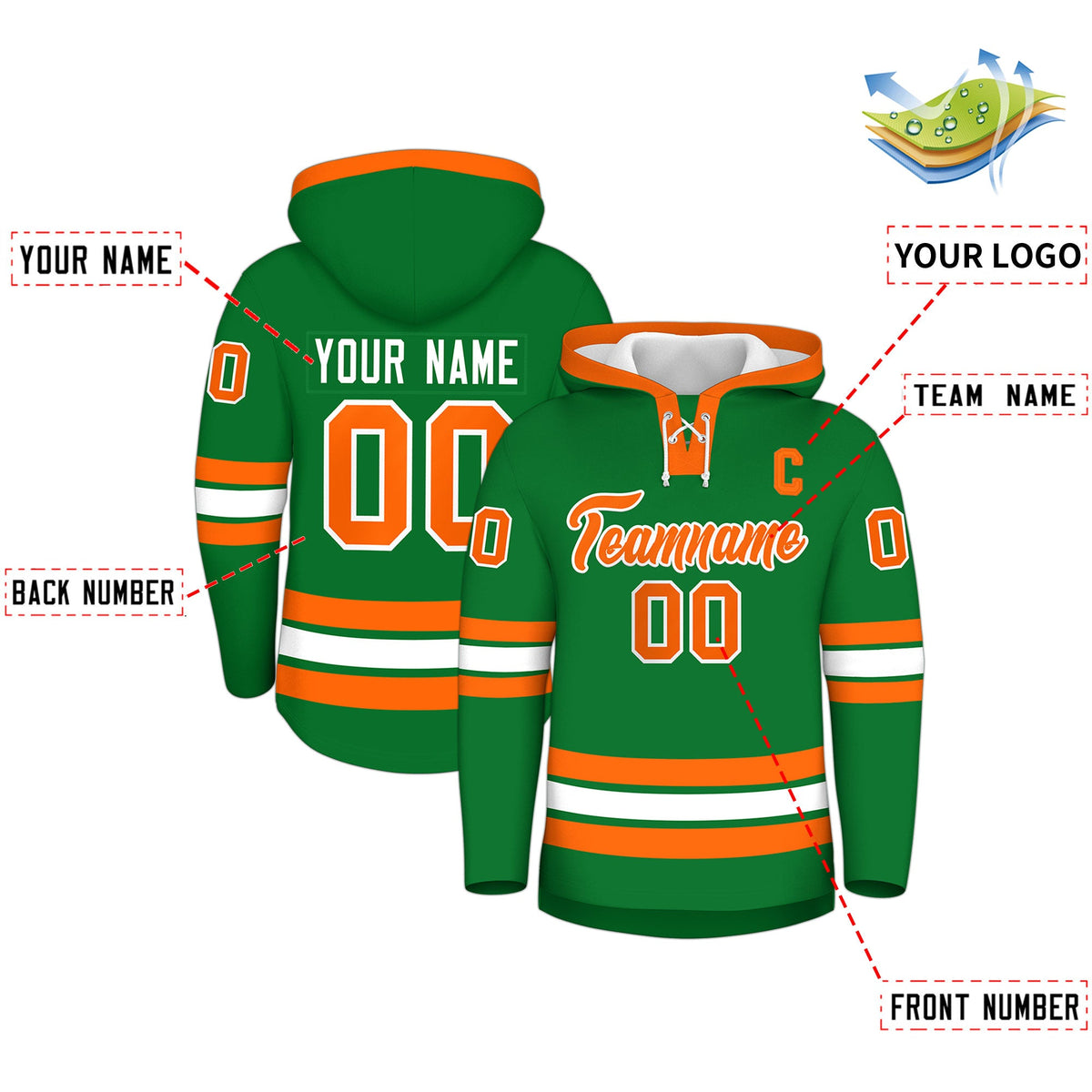 Custom Hockey Hoodie Jersey Kelly Green Orange Classic Style for Men&amp;Youth