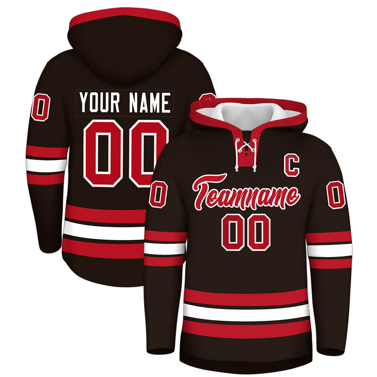 Custom Hockey Hoodie Jersey Brown Red Classic Style Add Name,Number&amp;Logo