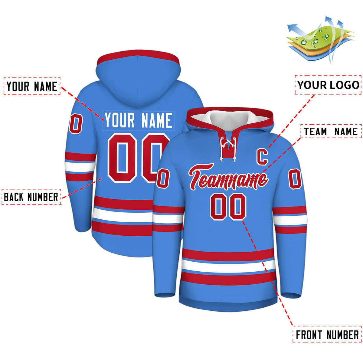 Custom Hockey Hoodie Jersey Powder Blue Red Classic Style for Men&amp;Youth