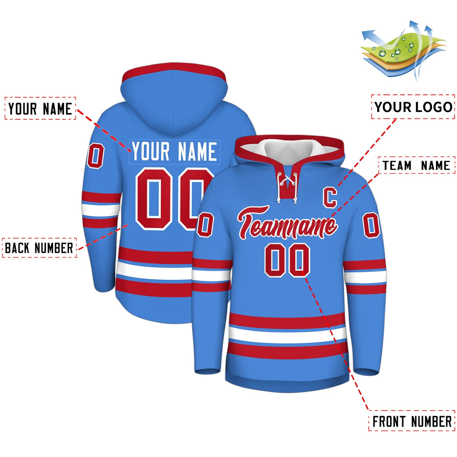 Custom Hockey Hoodie Jersey Powder Blue Red Classic Style for Men&Youth