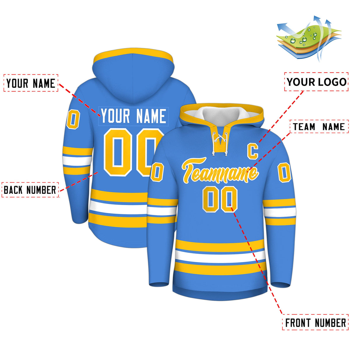 Custom Hockey Hoodie Jersey Powder Blue Gold Classic Style Add Name,Number&amp;Logo