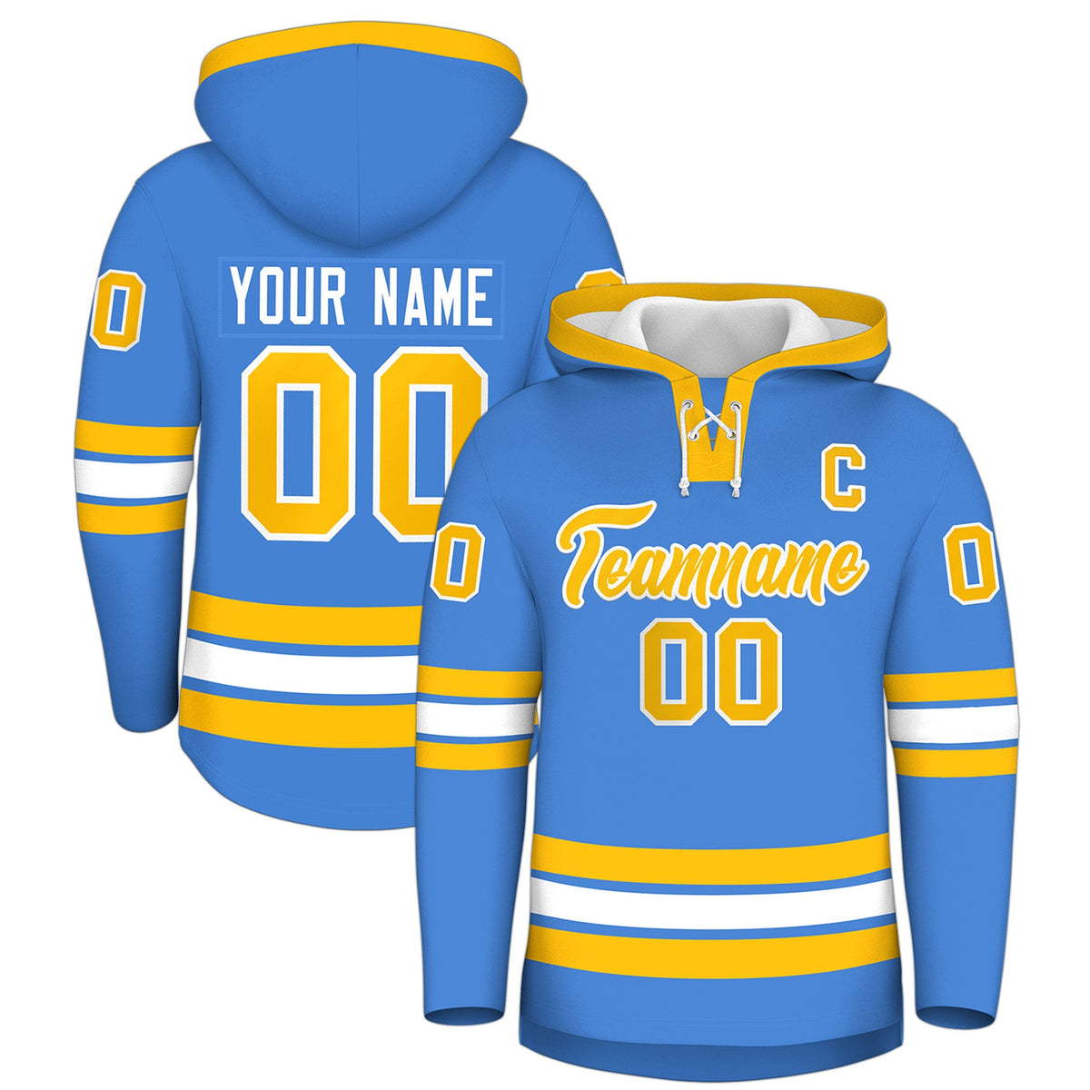 Custom Hockey Hoodie Jersey Powder Blue Gold Classic Style Add Name,Number&amp;Logo