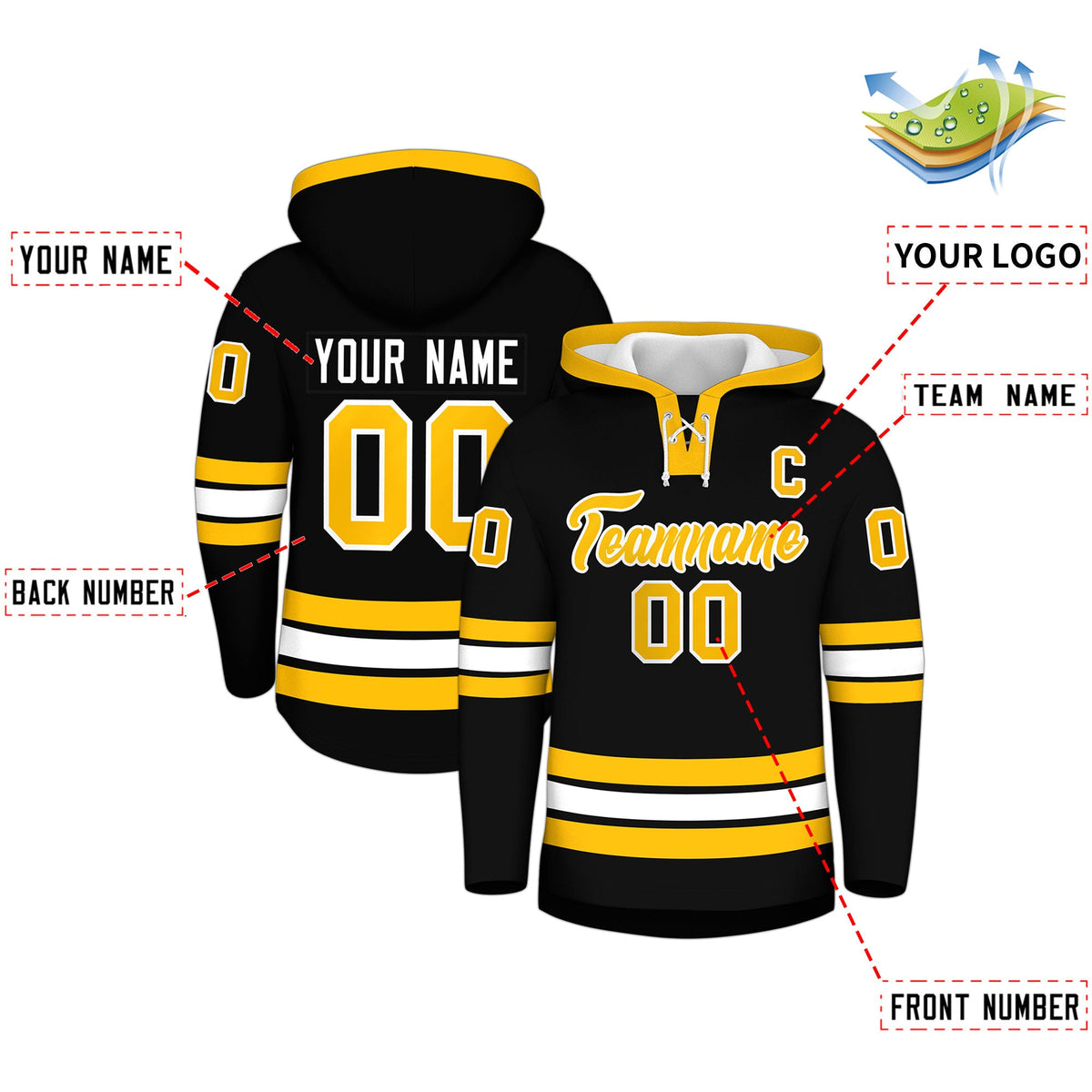 Custom Hockey Hoodie Jersey Black Gold Classic Style for Men&amp;Youth
