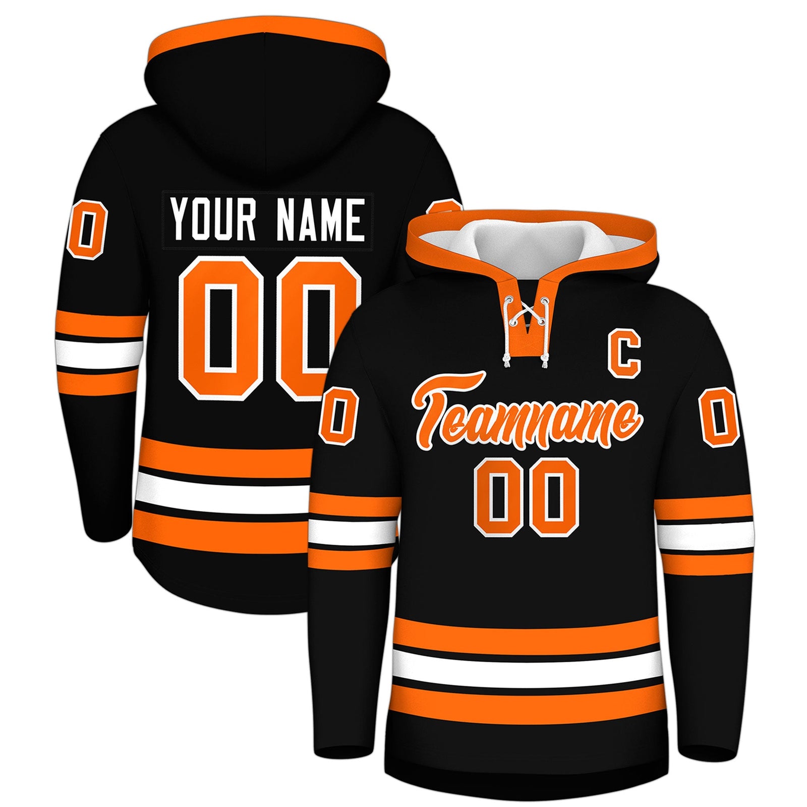 Custom Hockey Hoodie Jersey Black Orange Classic Style Add Name,Number&Logo