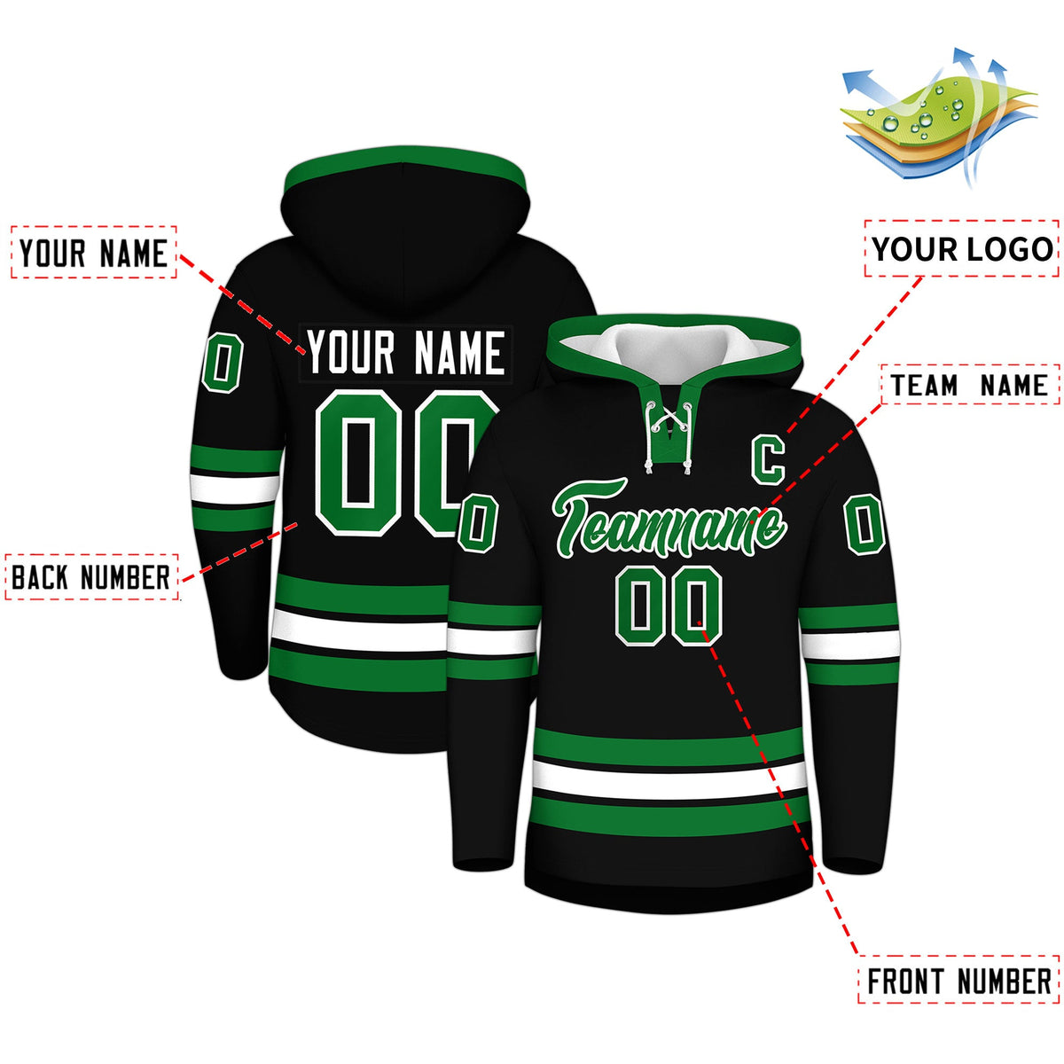 Custom Hockey Hoodie Jersey Black Kelly Green Classic Style for Men&amp;Youth