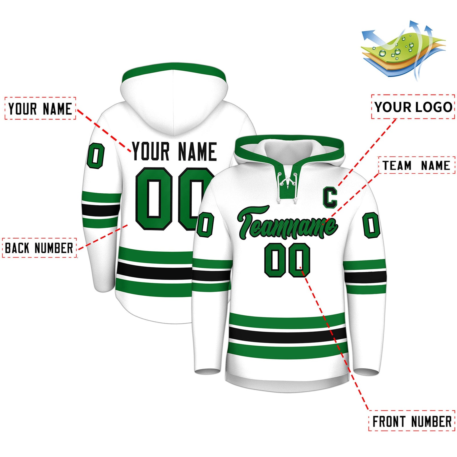 Custom Hockey Hoodie Jersey White Kelly Green Classic Style Add Name,Number&Logo
