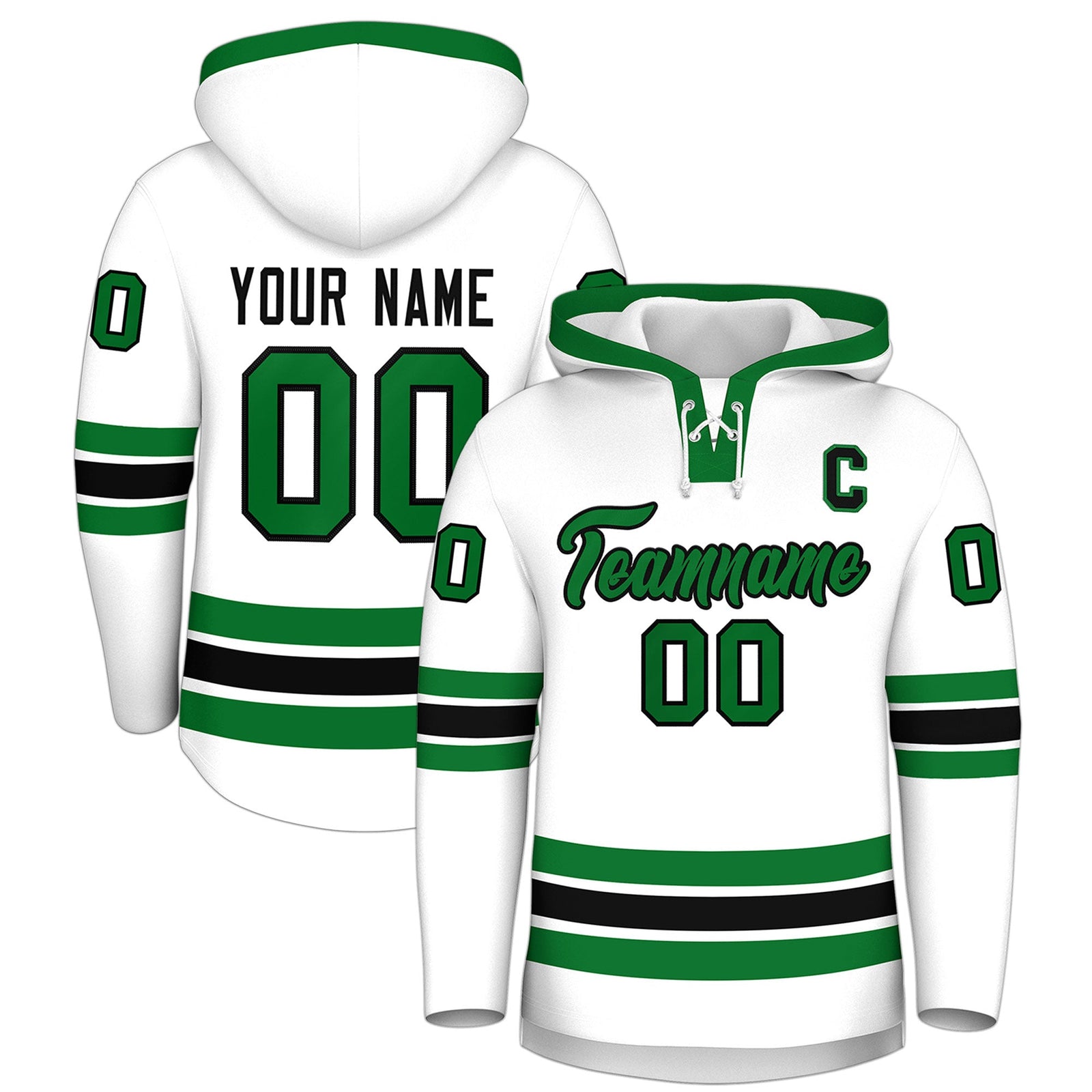 Custom Hockey Hoodie Jersey White Kelly Green Classic Style Add Name,Number&Logo
