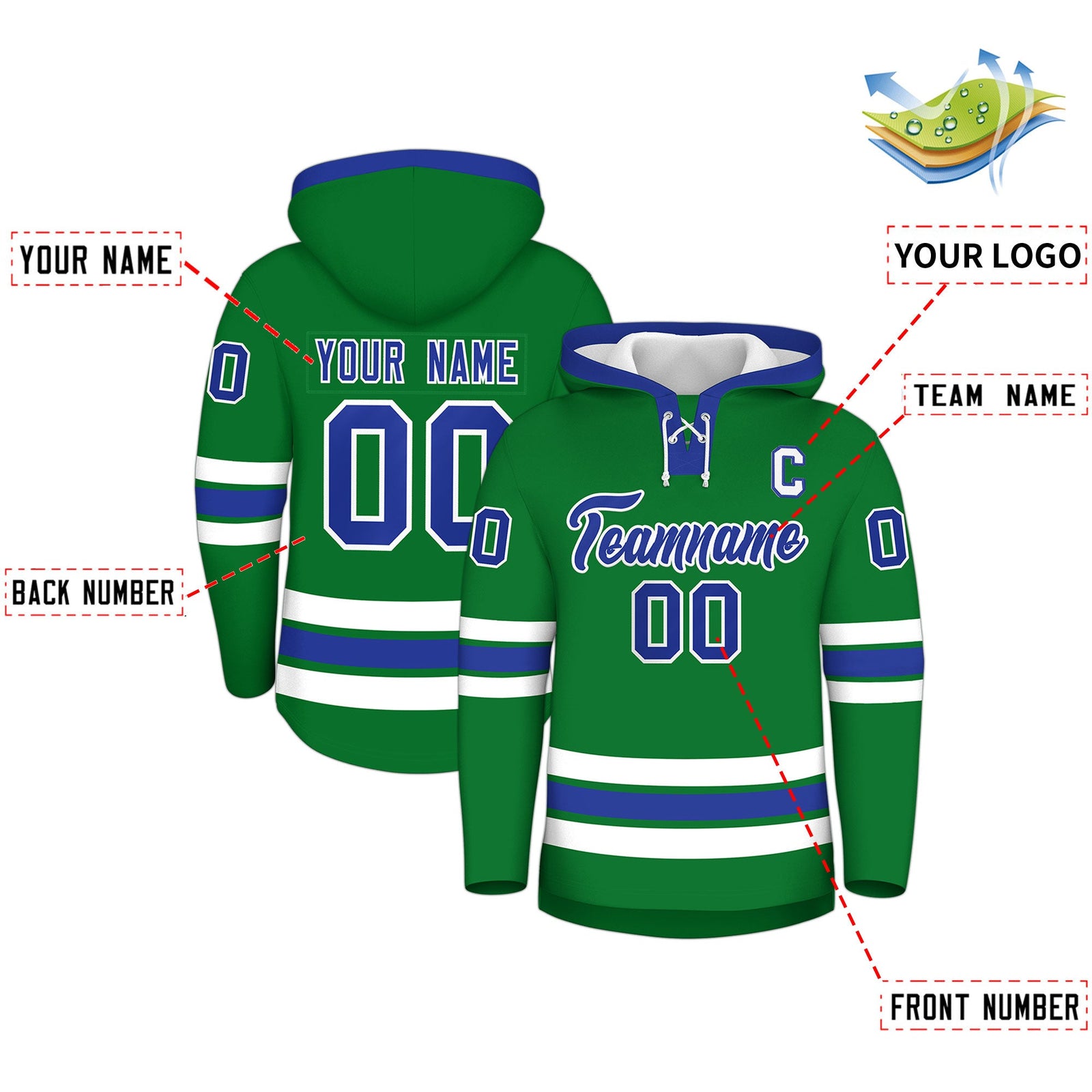 Custom Hockey Hoodie Jersey Kelly Green Royal Blue Classic Style Add Name,Number&Logo