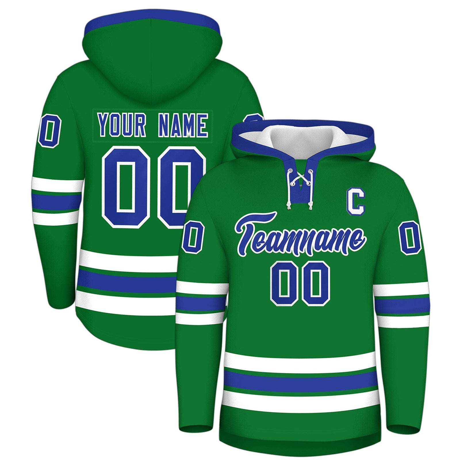 Custom Hockey Hoodie Jersey Kelly Green Royal Blue Classic Style Add Name,Number&Logo