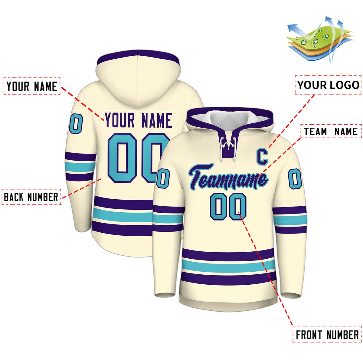 Custom Hockey Hoodie Jersey Cream Purple Classic Style for Men&amp;Youth