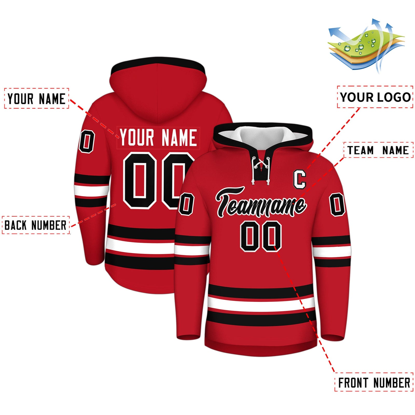 Custom Hockey Hoodie Jersey Red Black Classic Style Add Name,Number&Logo